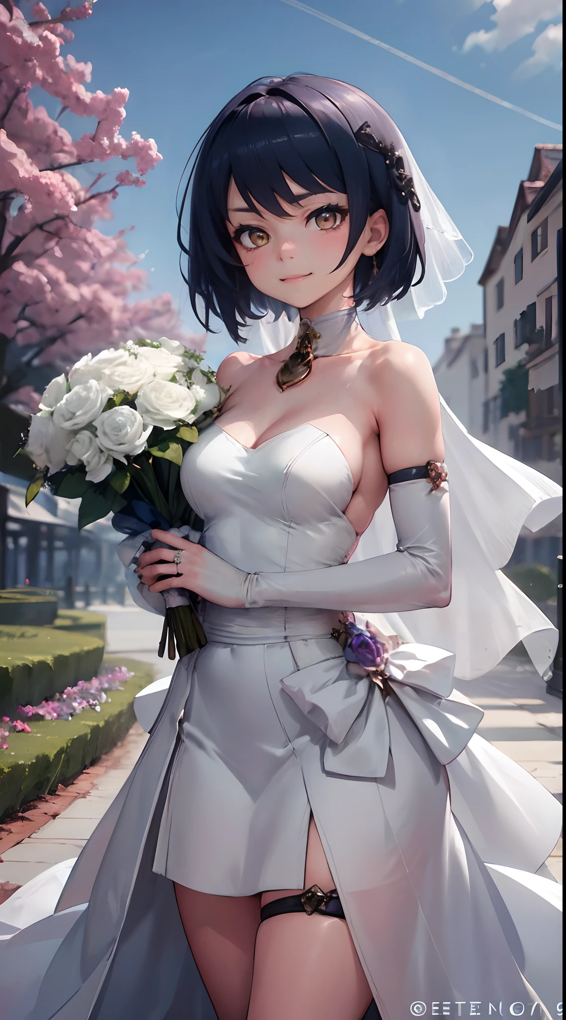Kujou Sara | genshin impact, master-piece, bestquality, 1girls,25 years old, proportional body, proportional., Wedding Dresses, White Wedding Dress, Long skirt, wedding, ,bara, Standing in the middle of a flower garden, outdoor, wedding, The sky is beautiful, In a paradise of love and happiness....................., The bride wears a Japanese dress and a seductive smile....................., The passage of time stops at theirs....................., On this wedding day of love and happiness....................., Bright and beautiful flowers, Holding it in her hands symbolizes the envelopment of love....................., Love and friendship through the transmission of flowers, In a paradise of love and happiness....................., A bride in a yukata wearing a masika....................., It is a form of beauty and elegance....................., Show your spouse your heart...................., In a paradise of love and happiness....................., Kochikugisa is the tree of new beginnings....................., And their love and affection.................., And suck a lot of love....................., Flowers represent love and peace....................., In a paradise of love and happiness....................., View viewers from the front., Thigh strap, Head tilt, bored, 10, 10, HD, slight smile,