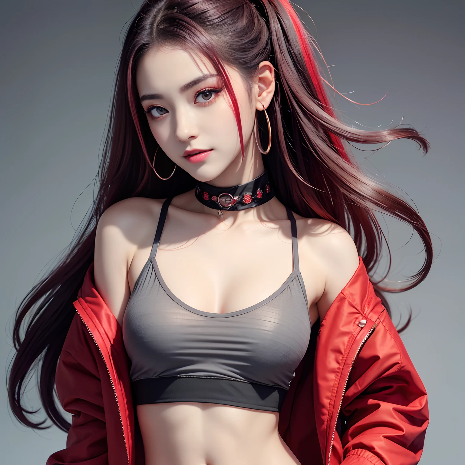 Dreadlock gal with red highlights on black hair、Young Face、grin、View here、Facial expression close-up、Grey Colorcon、eye liner、long lashes、Red Eye Shadow、Crop jacket with intricate décor、Tank Tops、Navel Ejection、Empty background、Colorful gradient color background