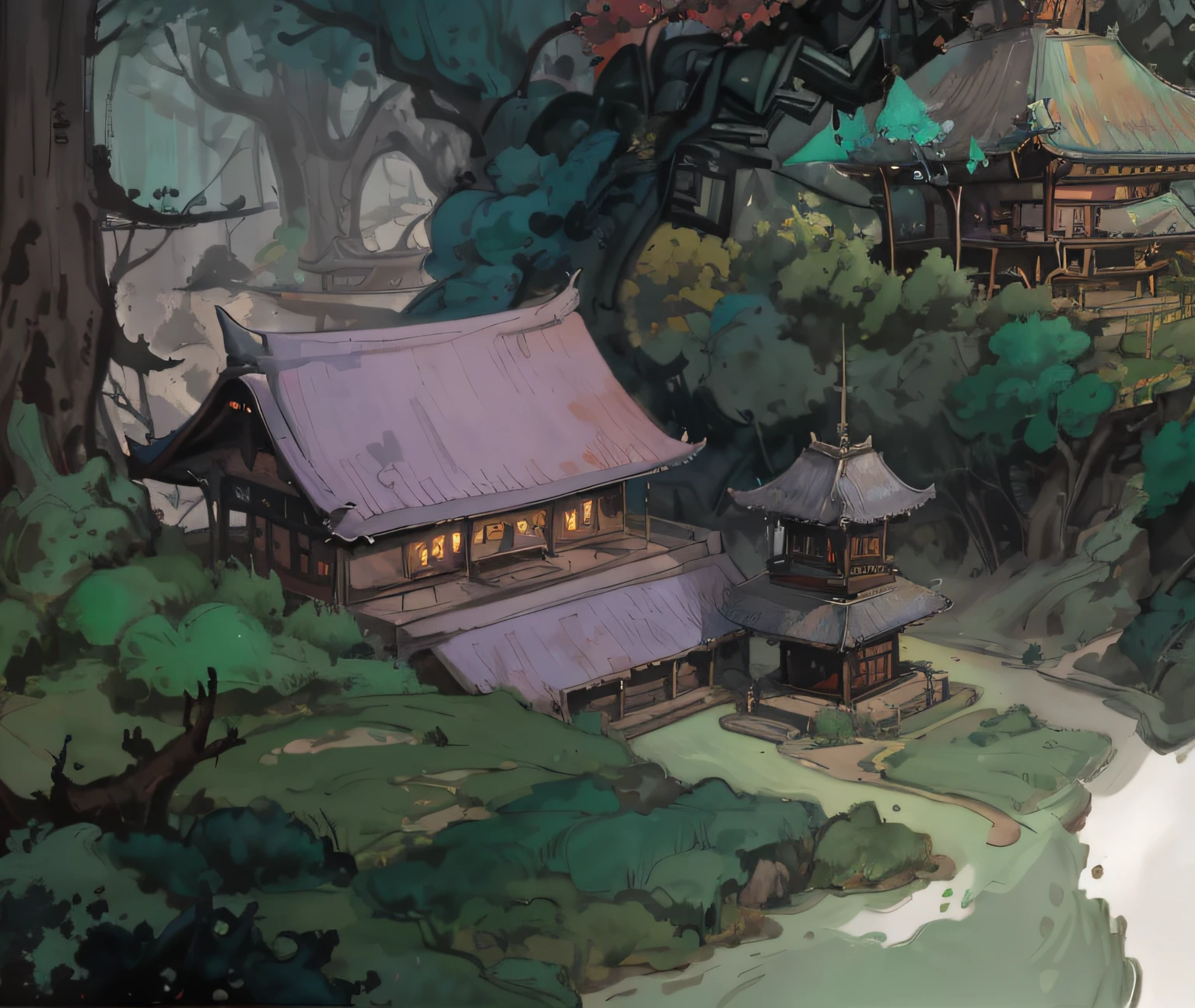 There is a painting，It depicts a small building in the middle of a forest, digital painting of a pagoda, painted as a game concept art, arte de fundo, environment painting, Anime landscape concept art, Stylized concept art, Temple background, Detailed digital painting, environment concept art, inspired by senior environment artist, 2d game environment design, environment design illustration