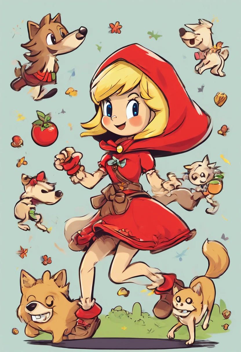 Blonde girl wearing Little Red Riding Hood dancing with wolf and lots of skeletons。