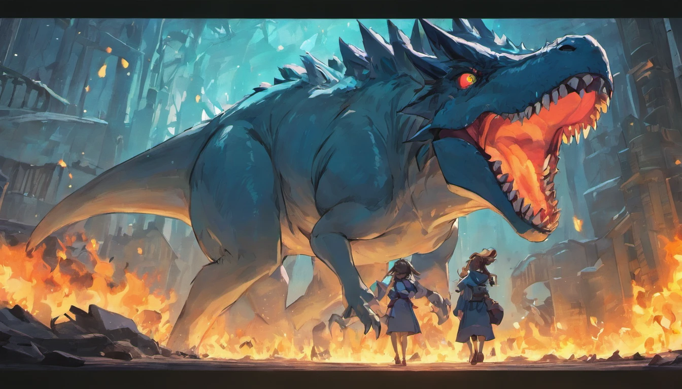 Dinosaurs carry wolves,Museum,a sea of fire,火焰