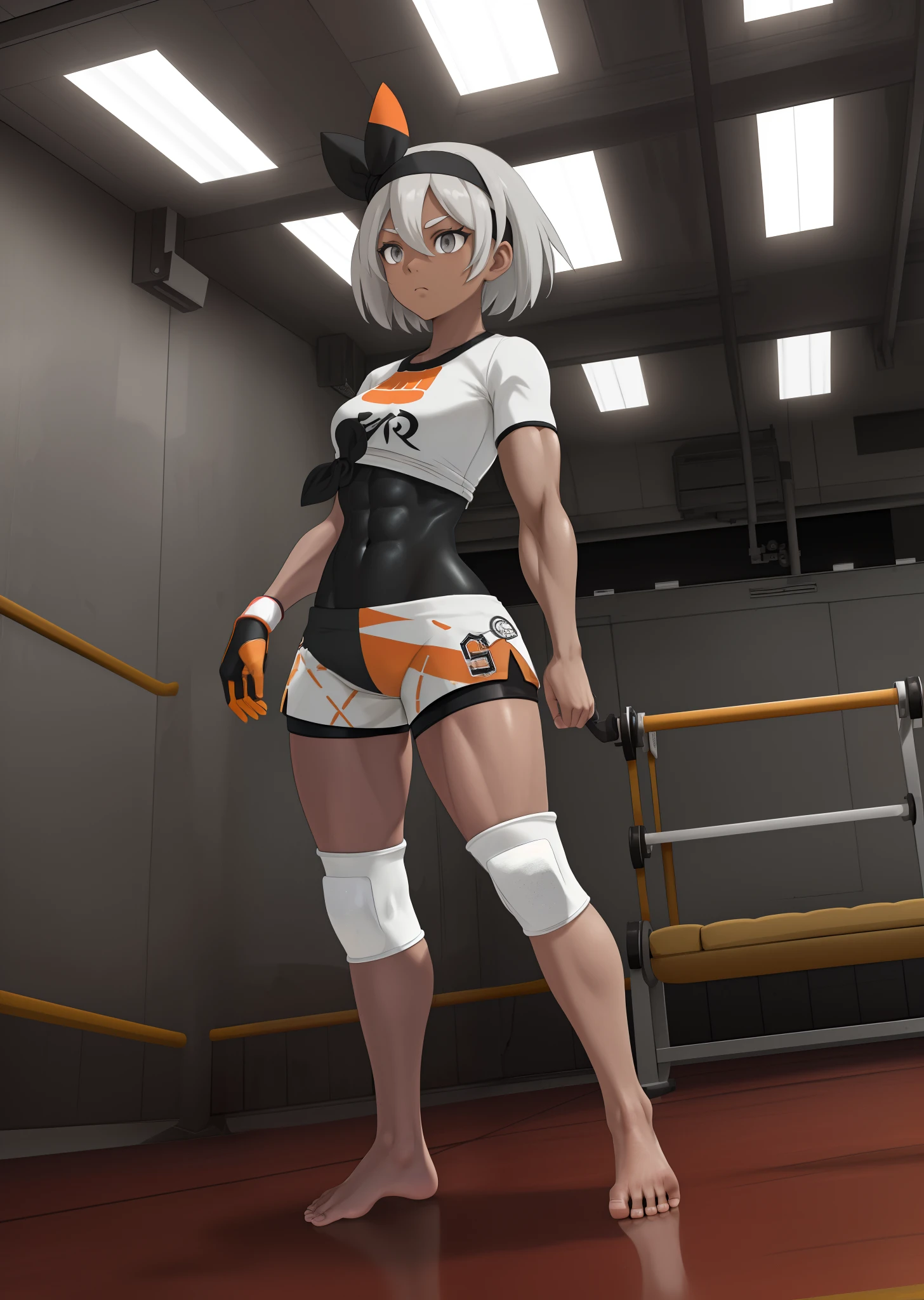 [Bea], [Pokemon], ((masterpiece)), ((high quality)), ((HD)), ((detailed shading)), ((beautiful solo portrait)), ((full body)), ((back view)), ((anime)), {attractive woman, (dark skin, short white hair, (beautiful light-grey eyes), (thicc thighs), (gorgeous hips), (beautiful muscular legs), (beautiful feet), (defined muscles), (expressionless)}, {(short-sleeve shirt), (bodysuit under clothes), (print shorts), (single glove), (headband), (white knee pads), (barefoot)}, {(standing), (arms at sides), (looking ahead)}, [background; (gym), (ceiling lights), (ambient lighting)]