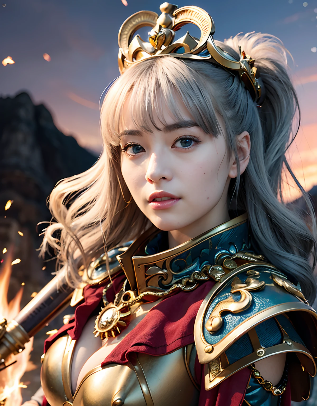 Professional , masterpiece、top-quality、photos realistic , 、top-quality、超A high resolution、(Photorealsitic:1.4)、Raw photo、depth of fields (Gemstone Gold Metal Body:1.9),(Matte White、Toostock、cleavage of the breast、(cleavage of the breast)、(Detailed Dragon Armor)、(Have the strongest weapon)、((Random Hairstyles 1.6),Dark Fantasy,)explosions、intense fighting、(Precipitous cliffs),Dragon Gold Weapon,Mystical expression、Particles of light、Fight dragons、(Detailed Dragon Helmet),Gorgeous Silver Weapons ,(( Dragon's dense and gorgeous sword)) , Beautiful knife ,warhammer 40k ,Detail and gorgeous crown、((Blue hair))、(Castle background)、、((Gangle's forest background))、Beautiful Caucasian beauty、1a person、dynamic ungle,((()))、Smaller head、A smile、Castle background、Thin and beautiful female hands、cleavage of the breast、Soldier in iron armor on background、Mystical expression、Light Effects、intense fighting、Wind-effect、magic circles、With the legendary magic wand、(demonic wings)、Toostock、
