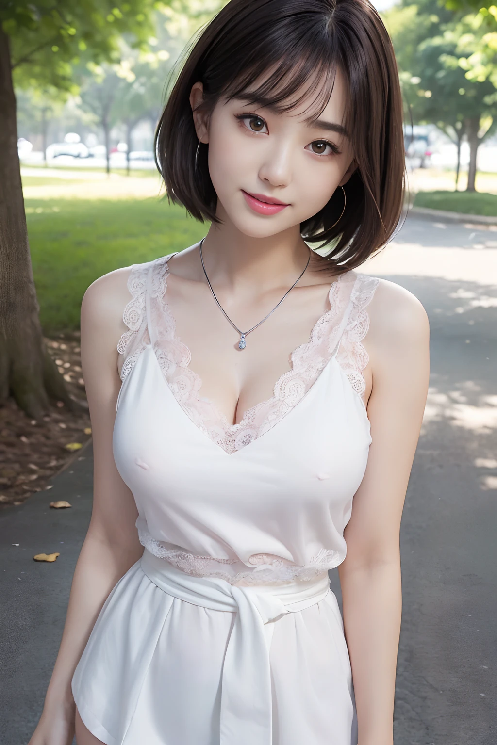 ((((top-quality))))、(((Ultra Precision CG16K Wallpapers)))、(((masterpiece)))、(((ultra-detailliert)))、(((Ultra-extreme details)))、One woman、a matural female、24-year-old woman、((Japanese face))、((extremely beautiful face))、Short Bob Hair、Bangs up to the eyebrows、Beautiful brown hair、Beautiful delicate eyes、Brown eyes、lofty nose、small nostrils、seductive lips、Half-open mouth、Beautiful breasts、C-cup size breasts、cleavage of the breast、beautiful proportion、perfect anatomia、Beautiful and detailed shading、Beautiful soft lighting、Beautiful detail glow、depth of fields、(((a high chroma)))、((realisitic:1.9))、((Beautiful skin))、((Skin texture))、((Vivid:1.4))、dynamic ungle、((Waist to head angle))、((standing))、((front shot))、((ssmile))、Bright sunshine、((a park))、(Background blur)、((Pink lace tank top))、((White miniskirt))、(Silver necklace)、