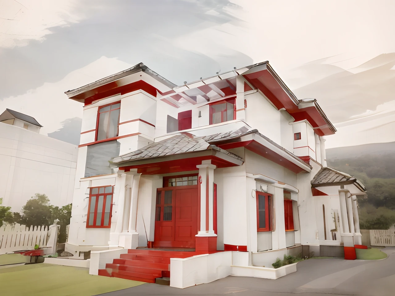 a view of a house with a white fence and a red door, frontview, front side, front view, inter dimensional villa, outside view, front side view, front-view, front view dramatic, facing front, front facing view, front, contemporary house, f4.5, exterior view, f42, front elevation view, front side full