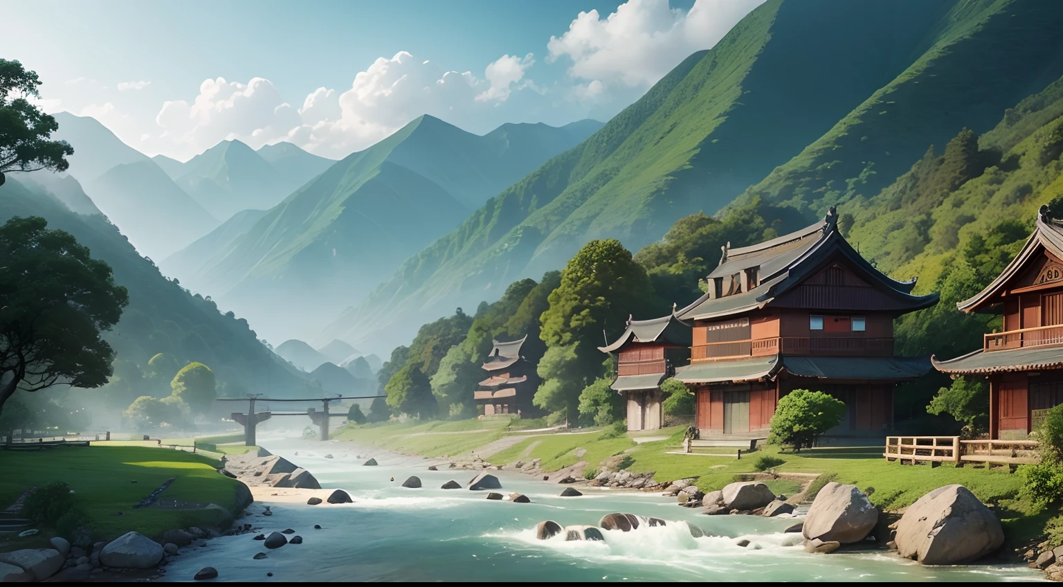 tranquil Chinese village, surrounded by lush forests, tall mountains, and a peaceful river.