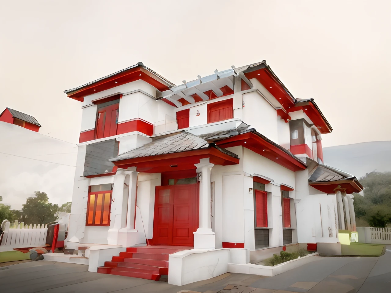 a view of a house with a white fence and a red door, frontview, front side, front view, inter dimensional villa, outside view, front side view, front-view, front view dramatic, facing front, front facing view, front, contemporary house, f4.5, exterior view, f42, front elevation view, front side full