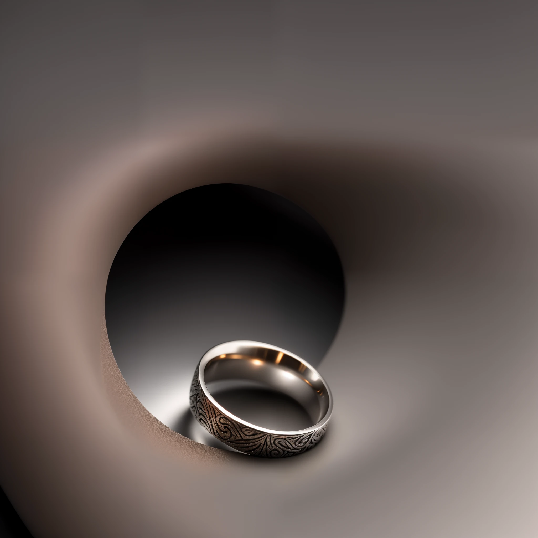 UHD, Super detail, Best quality, High details, 1080p, 16k,A pure silver ring covered with inscriptions，metalictexture，Bright lights，3D rendering