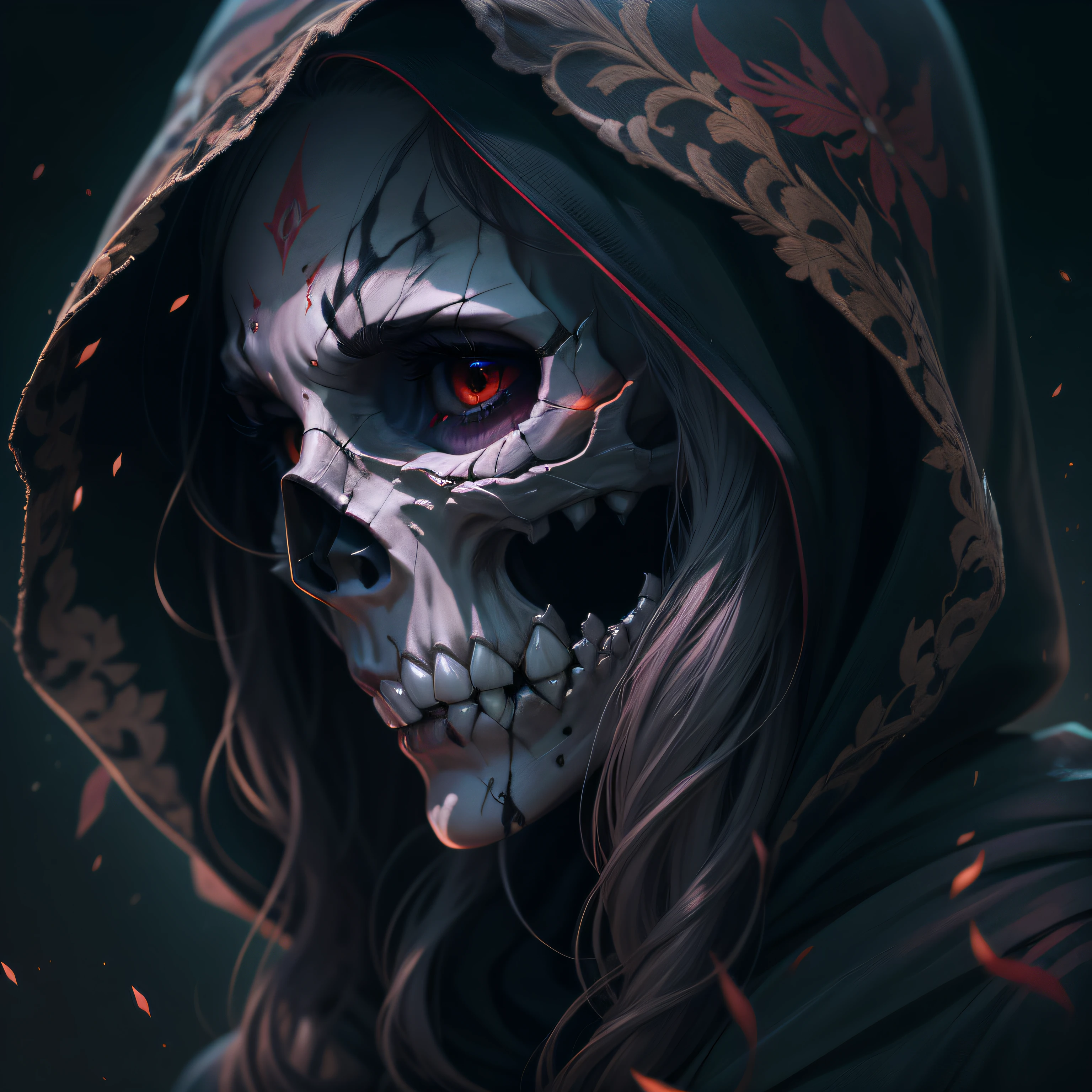 uma mulher com um rosto de caveira e capuz no escuro, Arte digital escura, mas detalhada, anime skull portrait woman, Deusa da morte, Deus masculino bonito da morte, arte de estilo fantasia escura, arte de terror de fantasia sombria, arte escura altamente detalhada, hooded skull, arte detalhada assustadora em cores, no estilo da arte da fantasia sombria, estilo de arte sinistro e sombri