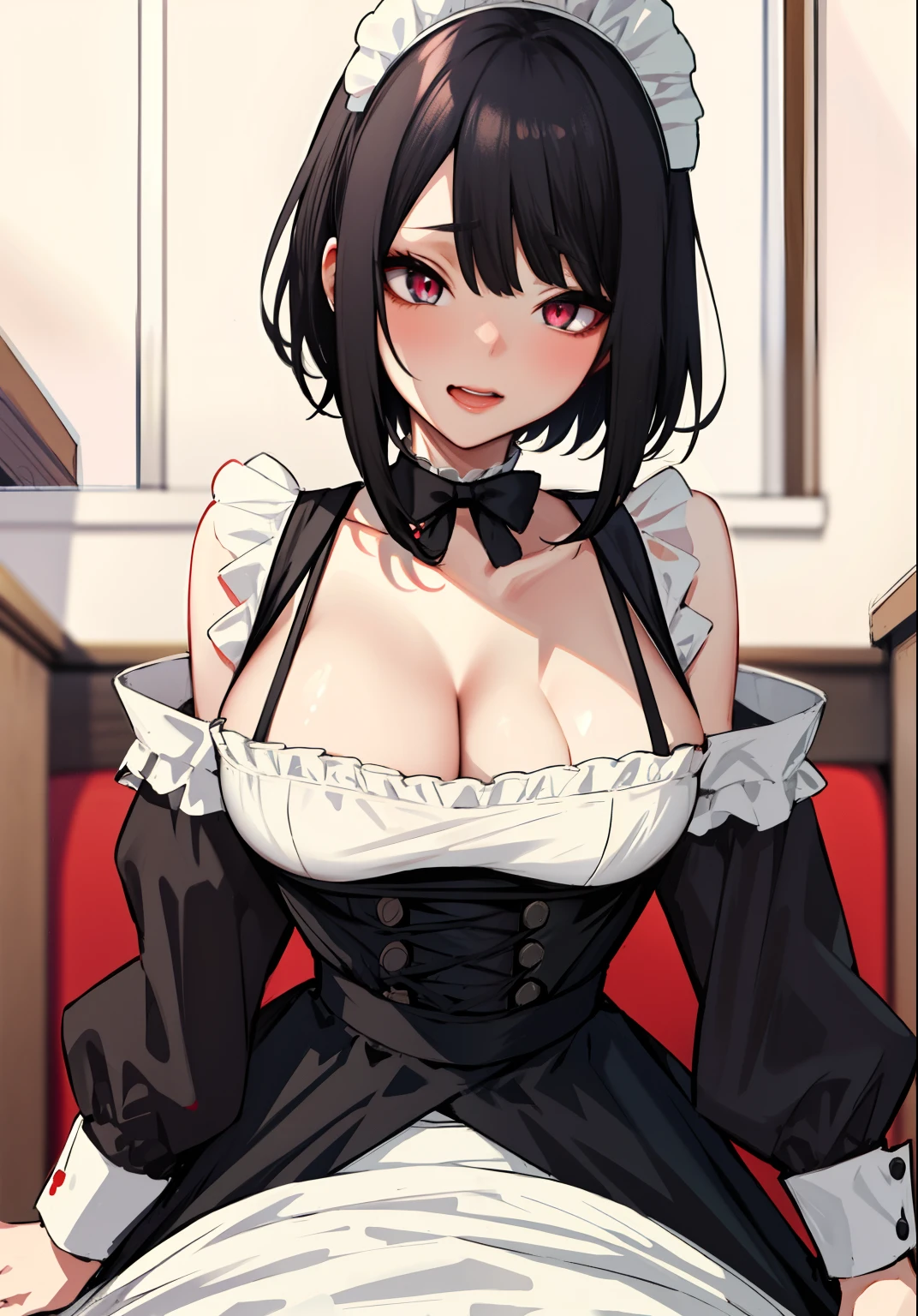 1boy,hetero、NSFW,masutepiece, Best Quality, High resolution,
1girl in, maid, enmaided, maid apronl, Black hair, scarlet eyes, cleavage, From below, face to the viewer, Face to face, Sneaking into the eyes, Full body, cleavage, huge-breasted, Portrait, Vomiting eyes, hanging breasted、Girl straddling little man