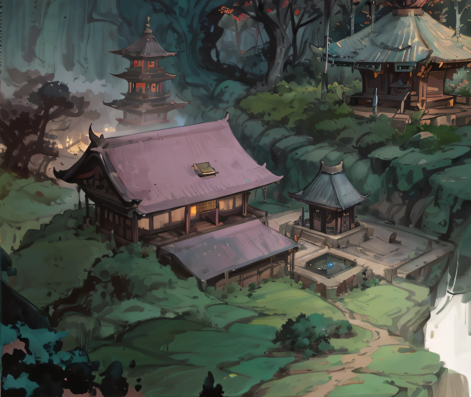 There is a painting，It depicts a small building in the middle of a forest, digital painting of a pagoda, painted as a game concept art, arte de fundo, environment painting, Anime landscape concept art, Stylized concept art, Temple background, Detailed digital painting, environment concept art, inspired by senior environment artist, 2d game environment design, environment design illustration