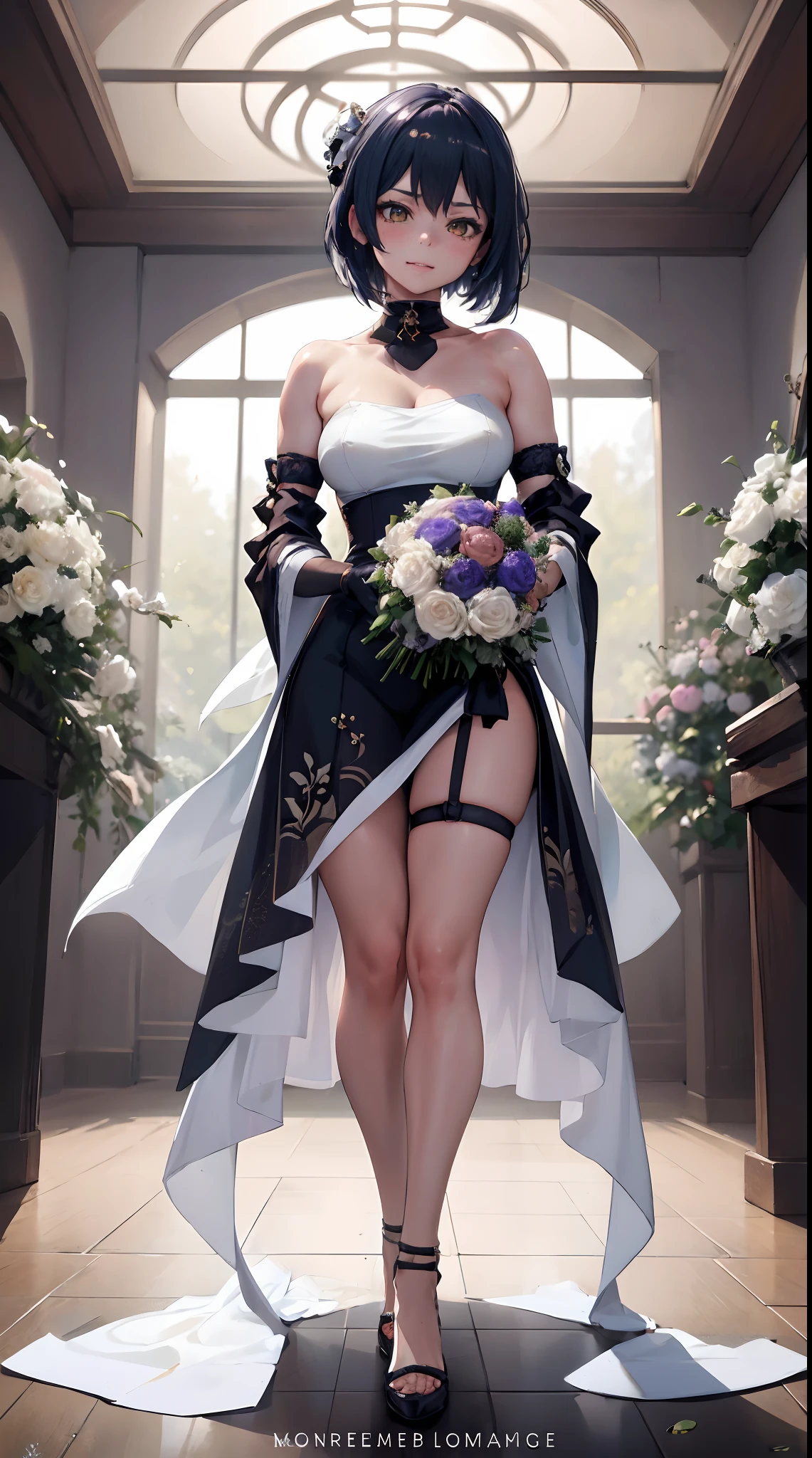 Kujou Sara | genshin impact, master-piece, bestquality, 1girls,25 years old, proportional body, proportional., Wedding Dresses, White Wedding Dress, Long skirt, wedding, ,bara, Standing in the middle of a flower garden, outdoor, wedding, The sky is beautiful, Both hands hold a bouquet of flowers..............................................................., View viewers from the front., Thigh strap, Head tilt, bored, 10, 10, HD, slight smile,