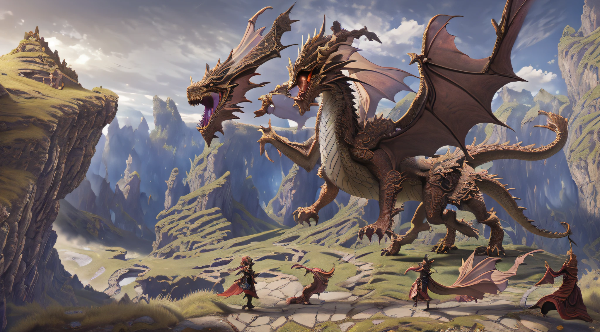 Masterpiece, Best quality, High quality, Extremely detailed Cg Unity 8K wallpaper, Medieval castle kingdom. Dragon Valley is a place full of dragon creatures and dangers,Players can fight and explore here,The place has towering peaks and rugged valleys,There are also many dragon's dens and ancient castles,Many dragons are scattered on the peaks,There is a dragon next to the ancient castle,drak,Dragon's Den,borgar,There is flat ground between the valleys to walk on,Flat drawing,