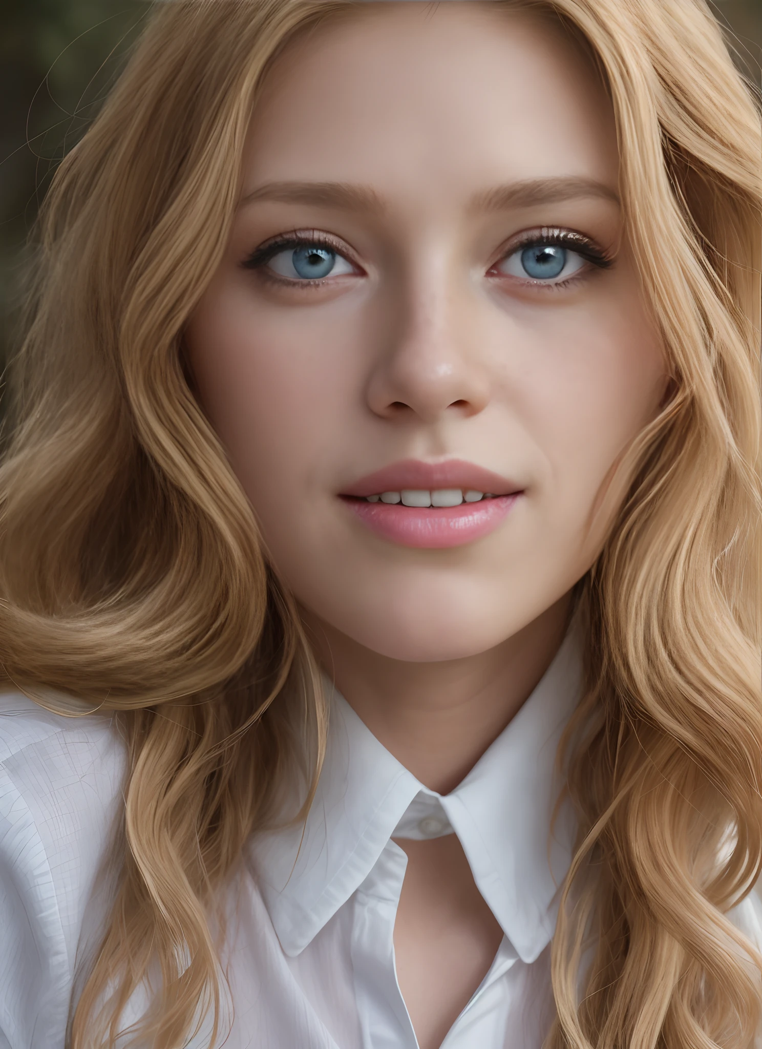masterpiece, realistic, detailed eyes, beautiful, looking at the viewer, natural lighting, depth of field, film grain, wrinkled skin, 24yo, female, solo, wavy long blonde hair, blue eyes, white, formal shirt, freckles, smile, lips, upper body, Portrait, Close-up, Front view, Exterior