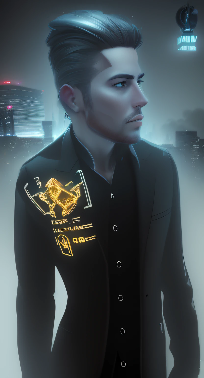 Stylized portrait of an entrepreneur against a city skyline, with dramatic lighting and a futuristic look