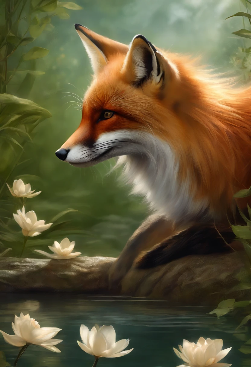 Wallpapers,red fox,3Drenderingof,extremely detailed nipple,oil painted,unreality,Film and television special effects,Superb,Fur details:1.1,Painting texture:1.1,Soft light,Beautiful scenery,clear silhouette,fox ear,Fox at play,pursed lips,water lilies:blanche、powder、Red and purple,Laid back environment,Meadows and bushes,number art,arcadia,Inspired by,Envy others,The charm of nature,Charming eyes,gently smiling,Beautiful shades,Quiet and elegant bare legs