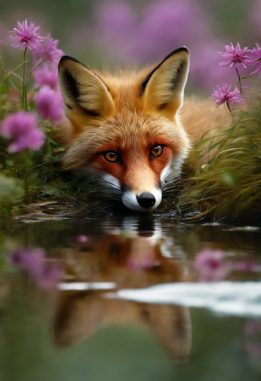 Wallpapers,red fox,3Drenderingof,extremely detailed nipple,oil painted,unreality,Film and television special effects,Superb,Fur details:1.1,Painting texture:1.1,Soft light,Beautiful scenery,clear silhouette,fox ear,Fox at play,pursed lips,water lilies：blanche、powder、Red and purple,Laid back environment,Meadows and bushes,number art,arcadia,Inspired by,Envy others,The charm of nature，Charming eyes，gently smiling,Beautiful shades,Quiet and elegant bare legs