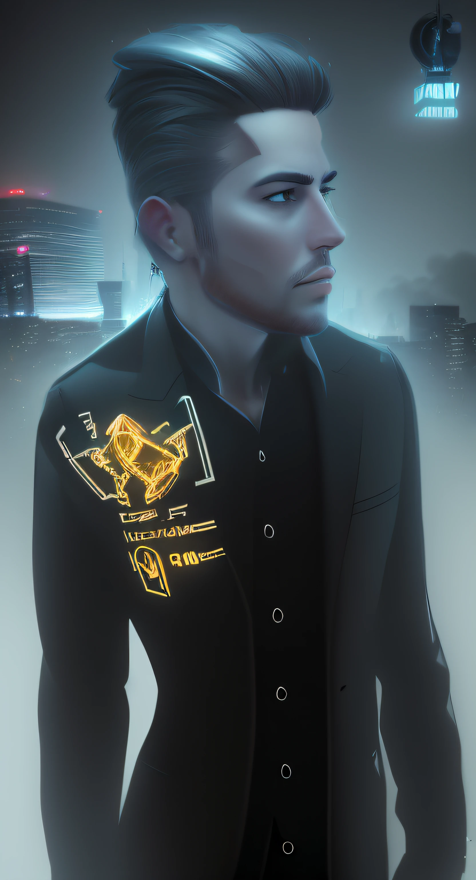 Stylized portrait of an entrepreneur against a city skyline, with dramatic lighting and a futuristic look