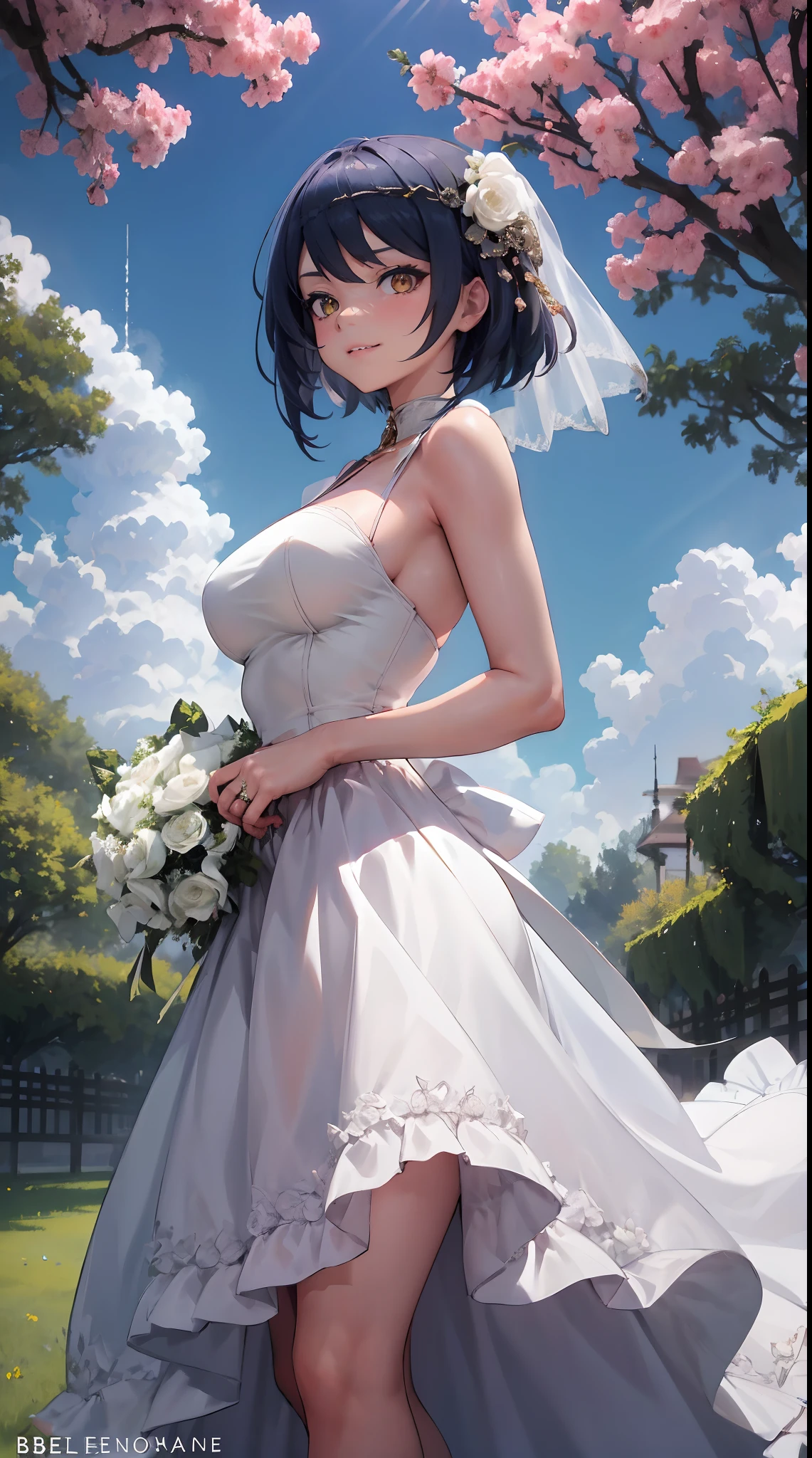 Kujou Sara | genshin impact, master-piece, bestquality, 1girls,25 years old, proportional body, proportional., Wedding Dresses, White Wedding Dress, Long skirt, wedding, ,bara, Standing in the middle of a flower garden, outdoor, wedding, The sky is beautiful, Both hands hold a bouquet of flowers..............................................................., View viewers from the front., Thigh strap, Head tilt, bored, 10, 10, HD, slight smile,
