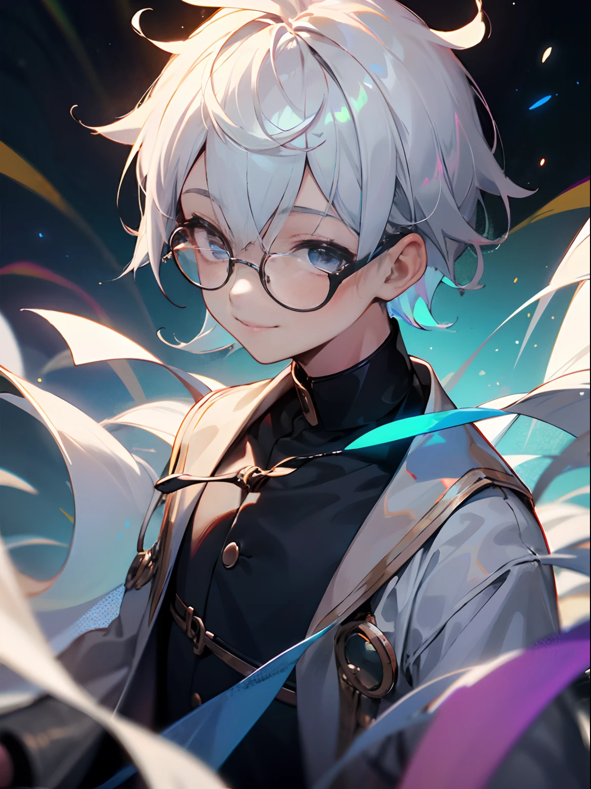 (Male child, eye glasses,A smile, silber hair),Iridescent background