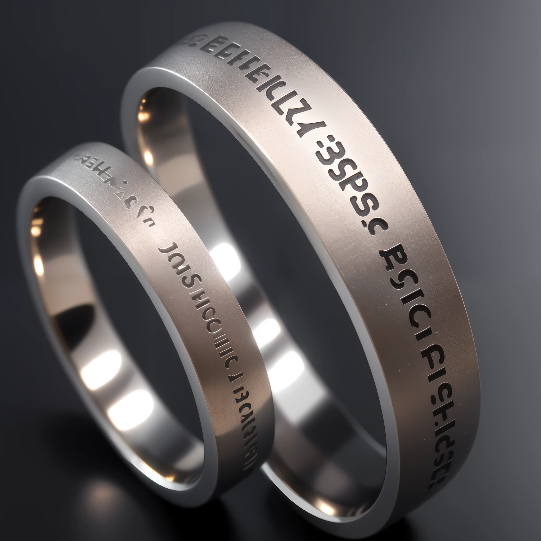 UHD, Super detail, Best quality, High details, 1080p, 16k,A pure silver ring covered with inscriptions，metalictexture，Bright lights，3D rendering