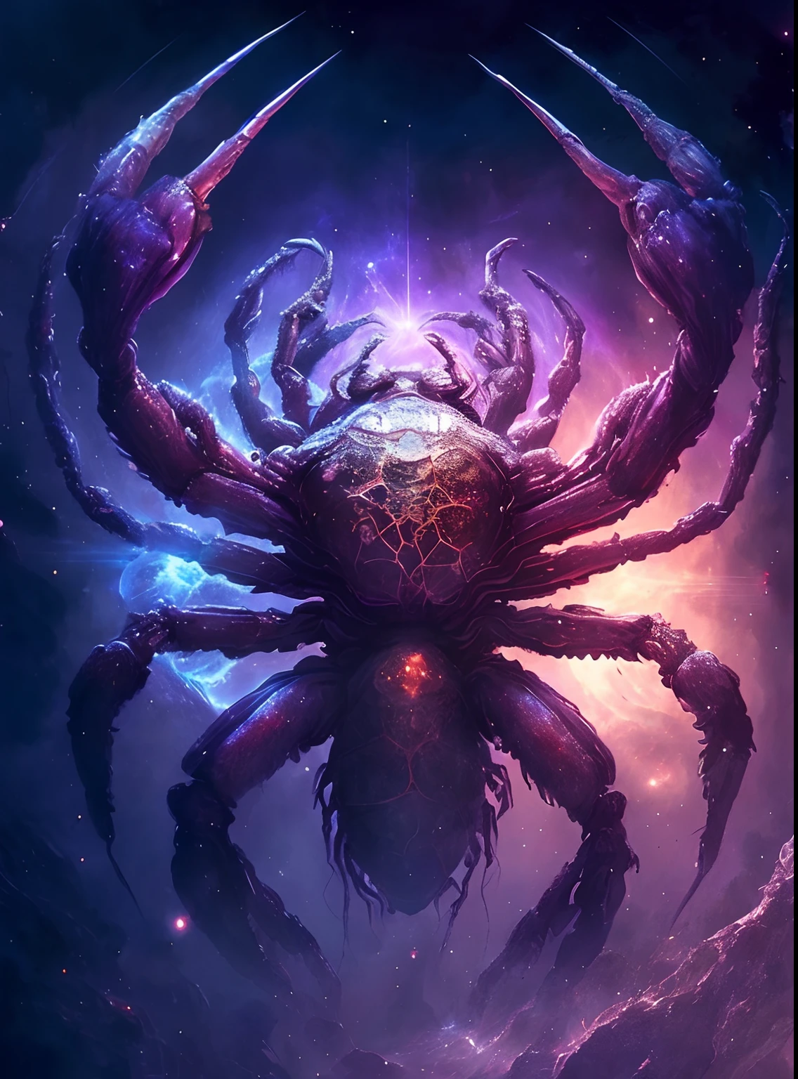 There is a large spider in the middle of the space, epic fantasy sci fi illustration, cosmic horror concept art,Cancer,Cancer,,Big pliers,Cancer in the universe,k hd,2D