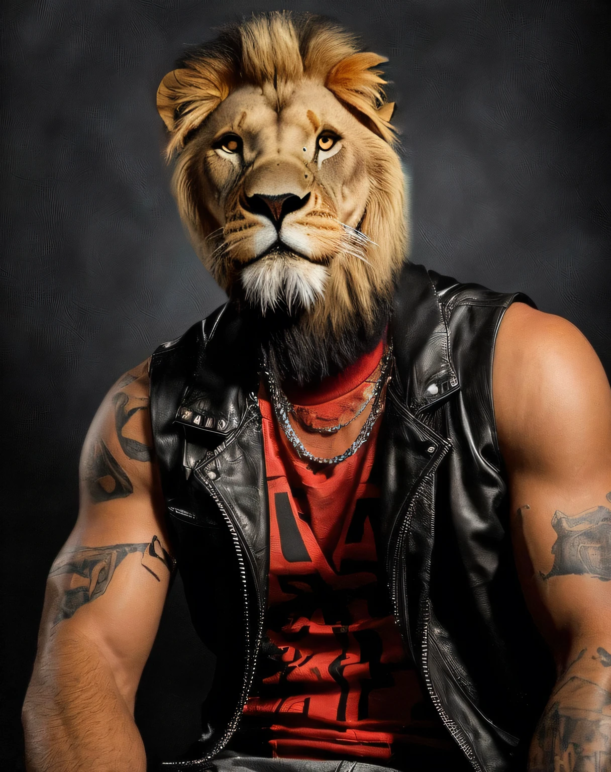a large white lion sitting beside a strong looking black masculine man of age 20 wearing a black sleeveless leather jacket and black jeans with a blue headband tied round his forehead --auto --s2