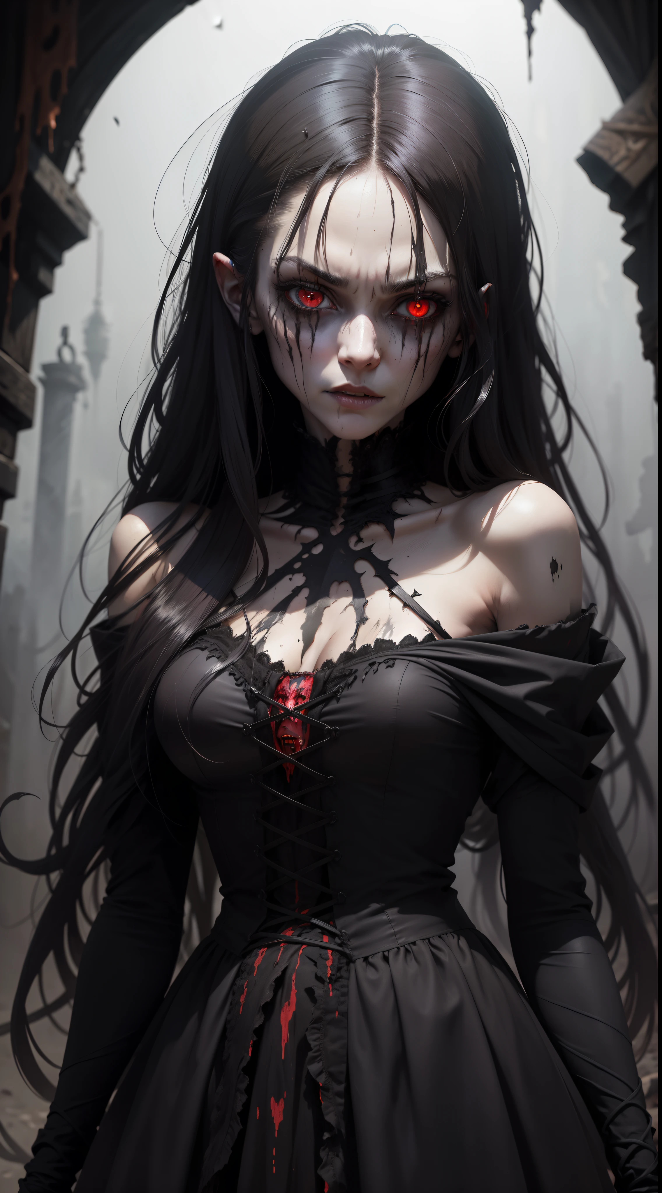 A very pal humanoid character, with red eyes, her name is (The Englewood Witch), she is crazy, nuts, horror, she is creepy, she is scary, shock value, very evil, she is skinny, evoke, fear, terror, dread, decay, disgust, she is a Psycho, dark, unusually thin, thin, scraggly, emaciated, twisted, frightening, sick, solo, close up, (messy_long_dark_hair), fog, evil eyes, eyes glowing, (she is wearing a very dirty old torn_black_dress), fall weather, dusk, rising from her grave, full body, floating in the air, vampire, 1600s