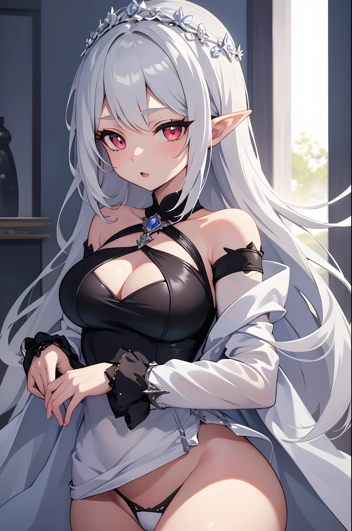 1girl, anime, cute girl, elf, blank background, white background, fantasy, detailed dark fantasy dress with highlights, beautiful face, beautiful eyes, dark colors, medium breasts, slight cleavage, beautiful skin, cute, silver hair, red eyes, breast curtains, extremely delicate and beautiful, (beautiful detailed face:1.0), (detailed deep eyes), symmetrical breasts, deep eyes, shiny skin, portrait, slender waist, hips wider than shoulders, thighs, young girl