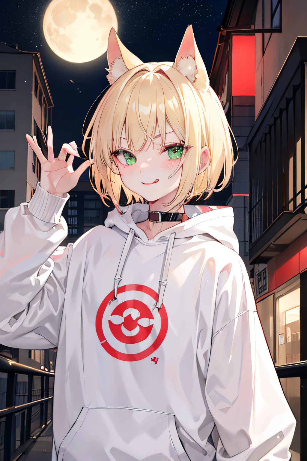 A Man, Blonde hair and green eyes, Canine ears、red blush、tongue-out、tattoo、Short hair stylist, White hoodie, Top of the building, Night, Badass, Evil smile