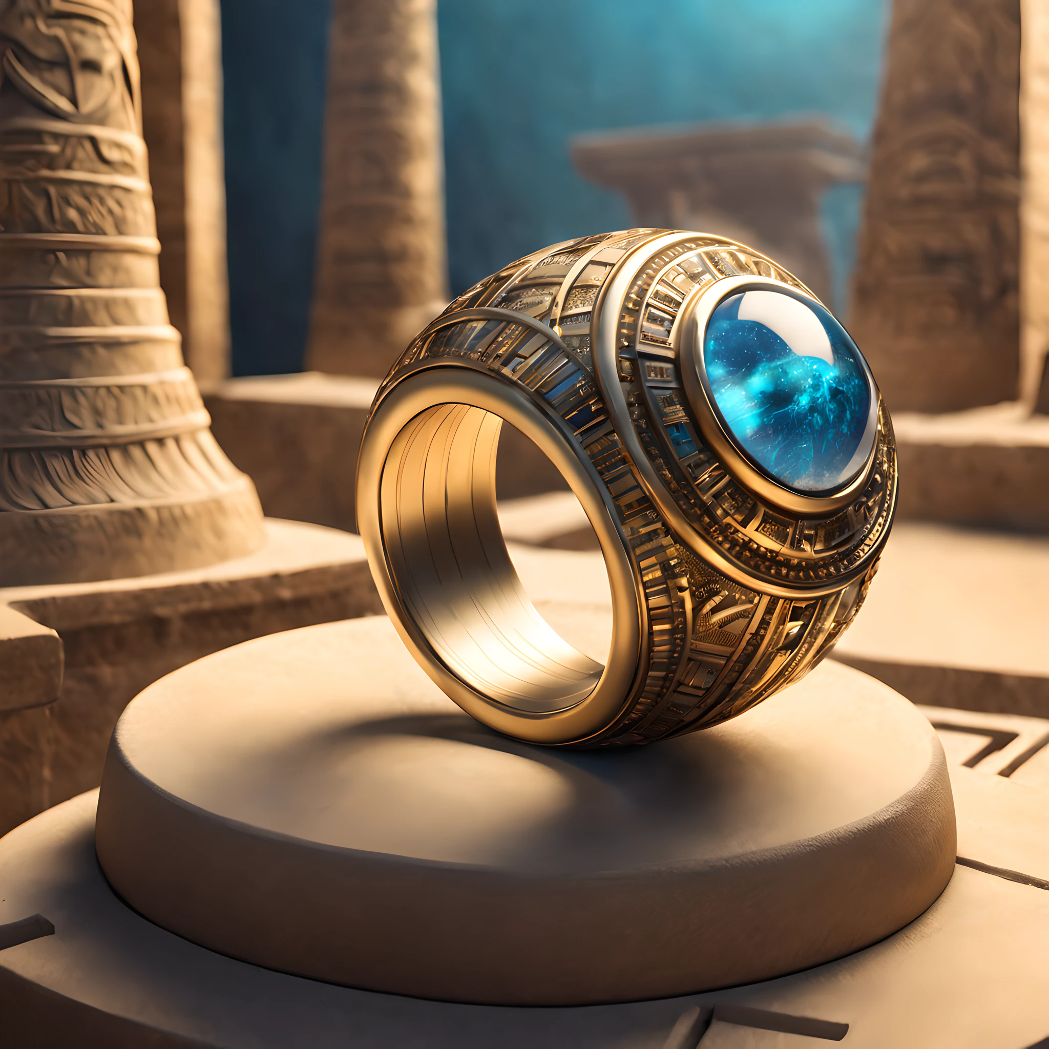 Composition: Craft a composition that transports viewers to the heart of ancient Egypt, a land where legends and history entwine. The focus should be on the metal ring, with an overall layout that exudes the mystique of the desert kingdom. Draw the observer into a world where history and mythology come to life.

Metal Ring: The metal ring takes center stage, portraying a relic of ancient Egypt's glory. It should be adorned with symbols and imagery that connect it to the legendary Sun God Ra. Employ Danbooru tags like "ancient_Egypt," "mythological_relic," and "Ra's_ring" to inspire the artist to create a ring that resonates with the divine and the historic.

Background: Immerse the metal ring within the rich tapestry of ancient Egypt. The backdrop should feature desert vistas, majestic pyramids, and the radiant glow of the Egyptian sun. Incorporate hieroglyphics, mysterious artifacts, and the grandeur of an era where pharaohs reigned. Utilize lighting effects to capture the ring's divine essence and its place within the sun-drenched civilization.

Style: Achieve a fusion of digital anime illustration and 3D CGI to bring the mysticism and history of ancient Egypt to life. Ensure the final image is of high resolution, enabling the intricate details of the ring and its surroundings to shine brilliantly, offering a window into an extraordinary epoch of human history.

Style: This artwork should seamlessly blend digital anime illustration with 3D CGI, resulting in a vivid and immersive experience. Employ advanced rendering techniques to ensure a high-resolution image, showcasing every nuance of the cybernetic phoenix's design and the futuristic world it inhabits.