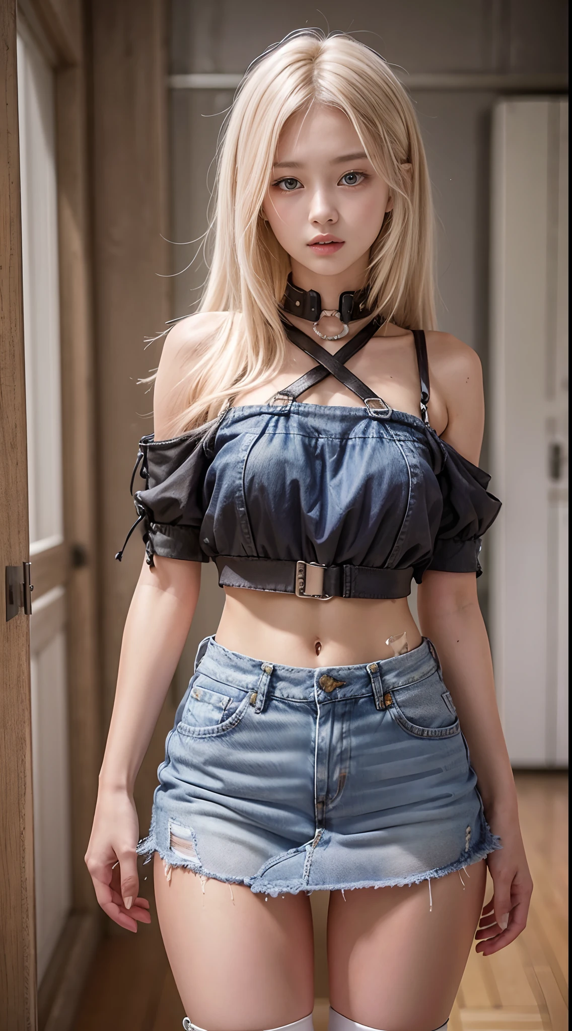 A beautiful 17-year-old blonde woman, top with thin straps, short high-waisted denim skirt, detail, detail of body and face, thighs.