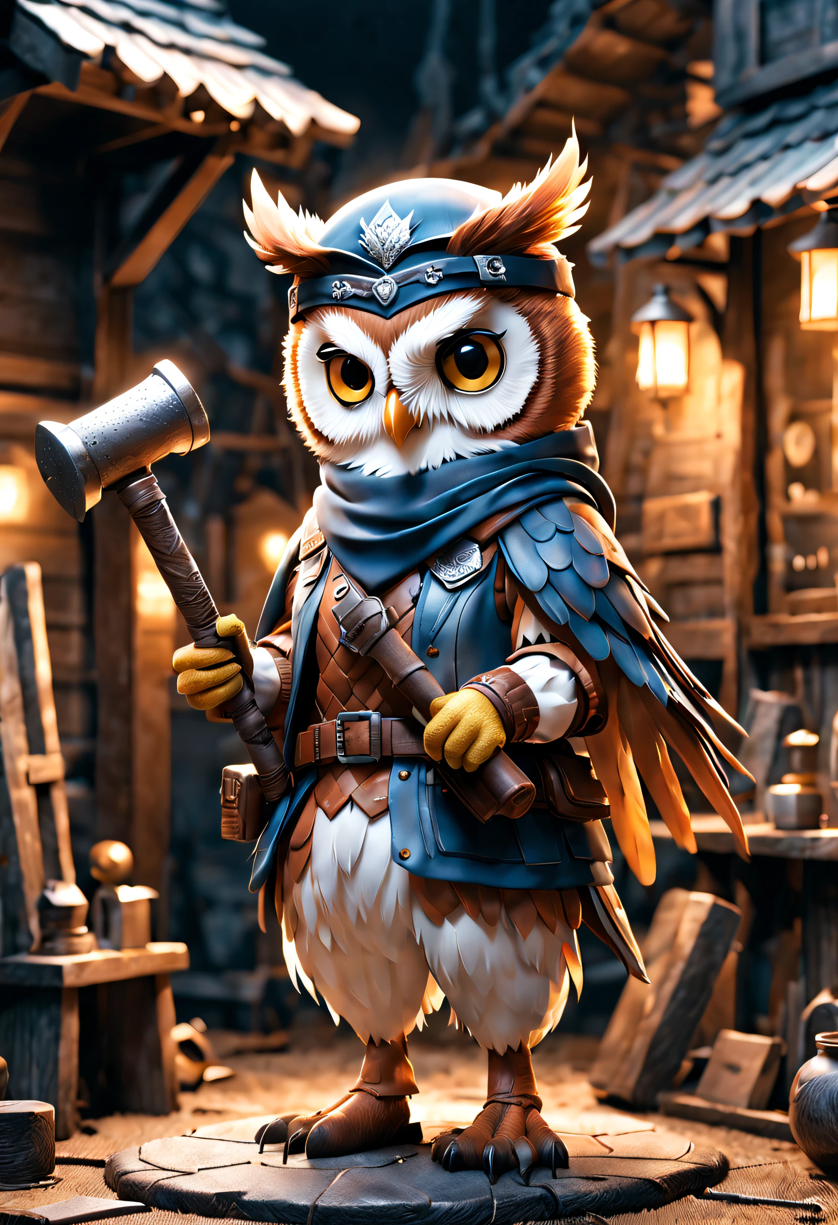 full body Esbian、Cool owl、Pop Owl、diorama、symple background、White background、bandana、Holding a hammer in your hand、masterpiece, Best Quality, Capture super cute moments, depth of fields, ultra-detailliert, Ultra High Resolution, Octadale, 8K, 16 K