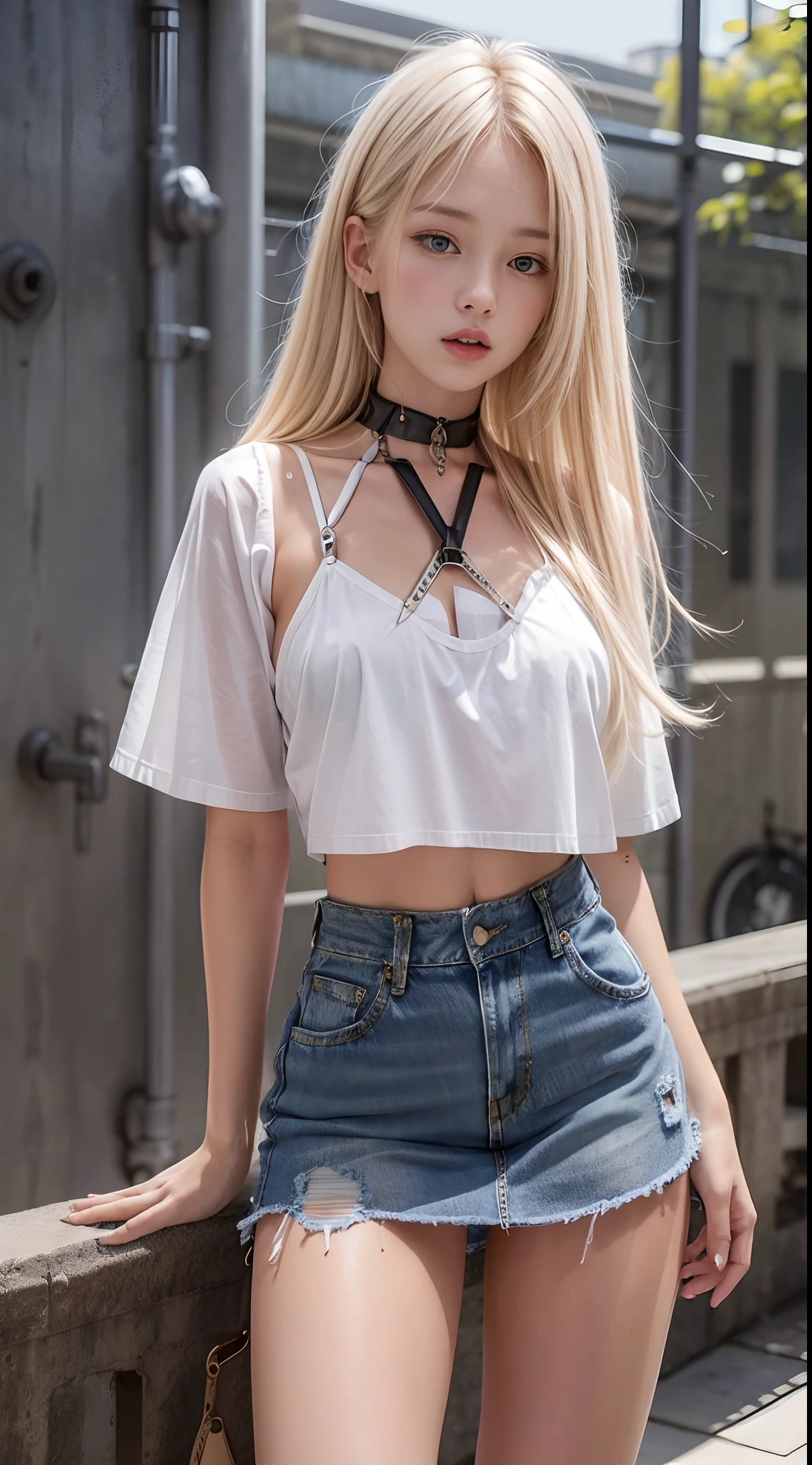 A beautiful 17-year-old blonde woman, top with thin straps, short high-waisted denim skirt, detail, detail of body and face, thighs.