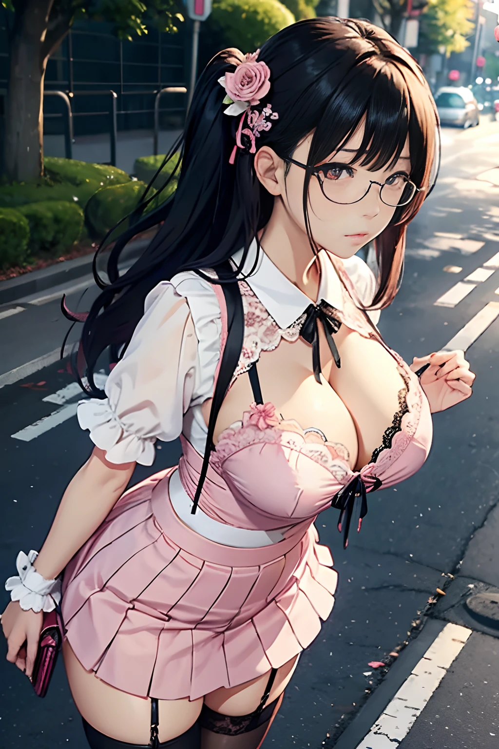 japanes OL 、A dark-haired Longhaire、eye glass、with floral pattern Lace pink bra、with frills Open white blouse、light blu Rose pattern tight skirts、Pink panty、Beige pantyhose、Ribbon Ties Black、Wearing black high heels、Blue Handbag、Colossal tits、gargantuan butt、Buildings Street Trees the setting sun、Wearing Wedding Rings、embarassed face、is standing