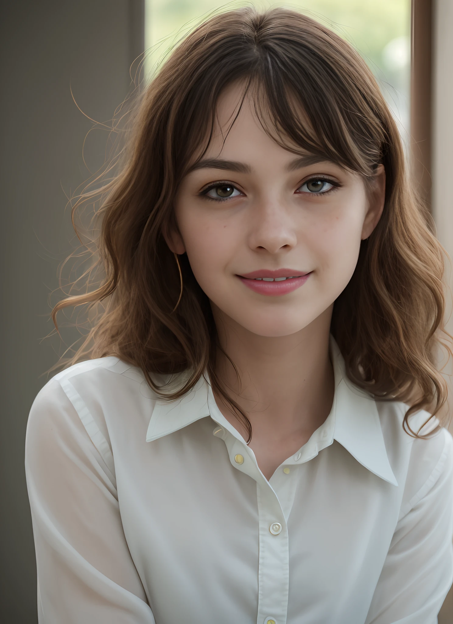 masterpiece, realistic, detailed eyes, beautiful, looking at the viewer, natural lighting, depth of field, film grain, wrinkled skin, 24yo, female, solo, wavy long black hair, green yellow eyes, white, formal blue shirt, freckles, smile, lips, upper body, Portrait, Close-up, Front view, Exterior