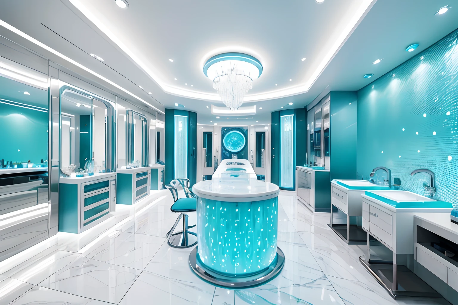 Space design of water elements，Cosmetics industry，beauty salon，product showcase，Curvilinear cabinets are placed with cosmetic bottles，Tiffany blue dots the space，Water ripple stainless steel sculpture，Spatial renderings，water elemental，High-definition large image，wide angles，8K，beauty salon