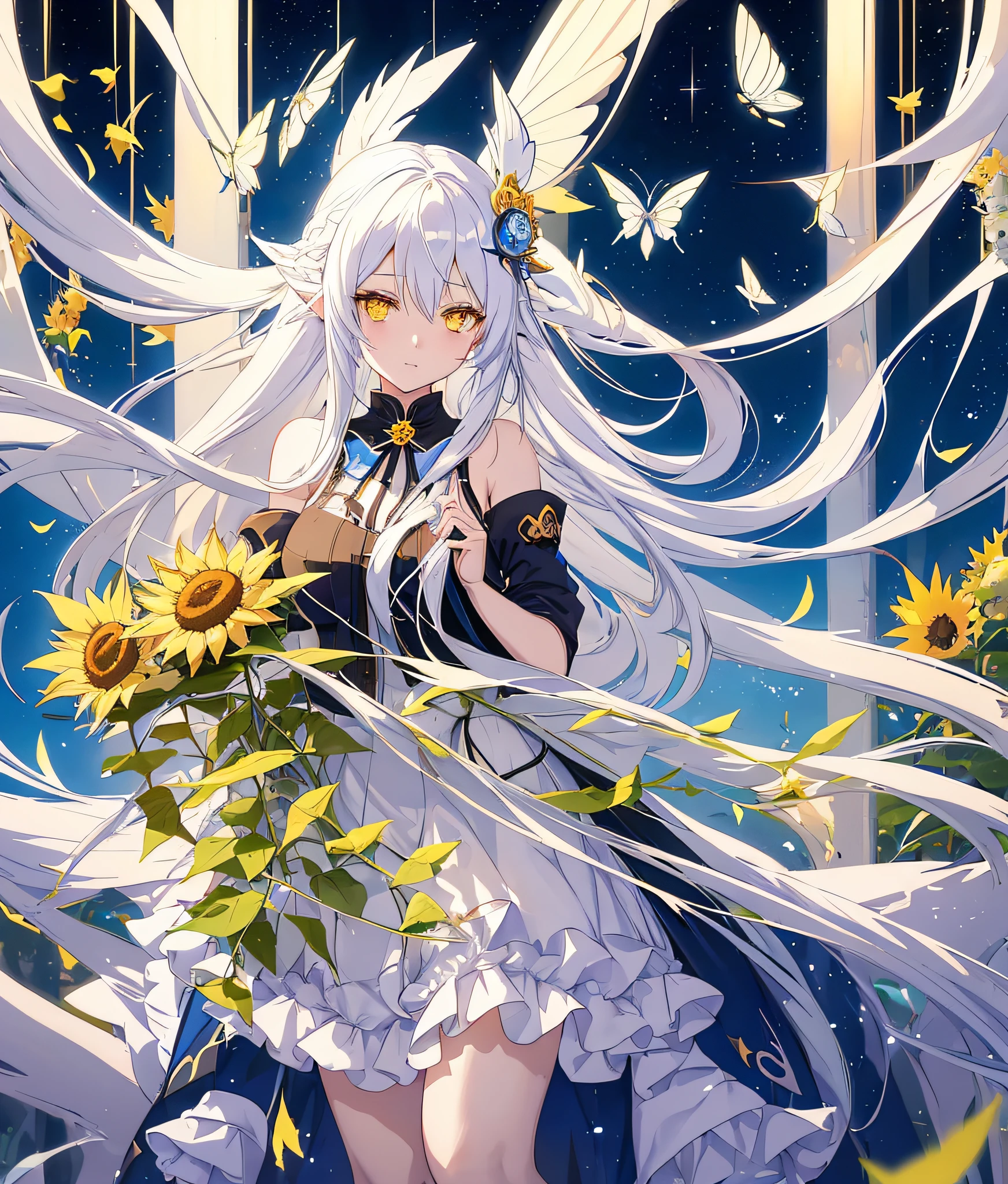 An anime girl with long white hair and yellow eyes on the index finger with blue butterflies on it., Anime drawings by Shitao, pixiv, Neo Romance, White-Haired Angel, anime visual of a cute girl, anime moe artstyle, Beautiful Sunflower Anime Girl, anime goddess, by Girls Frontline, Flower Queen, Cute anime waifu in nice series