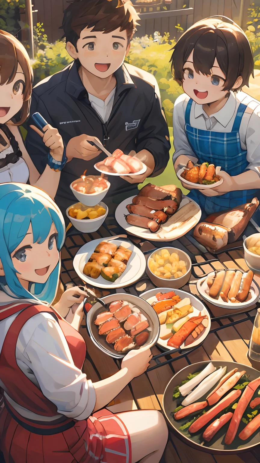 Top quality, Best quality, High-quality illustrations, Masterpiece, Super high resolution, Detailed background, Detailed background, BBQ, group picture:0.5, 6+Boys, 6+Girls, cheerfulness, Joyful, self-shot:0.2,