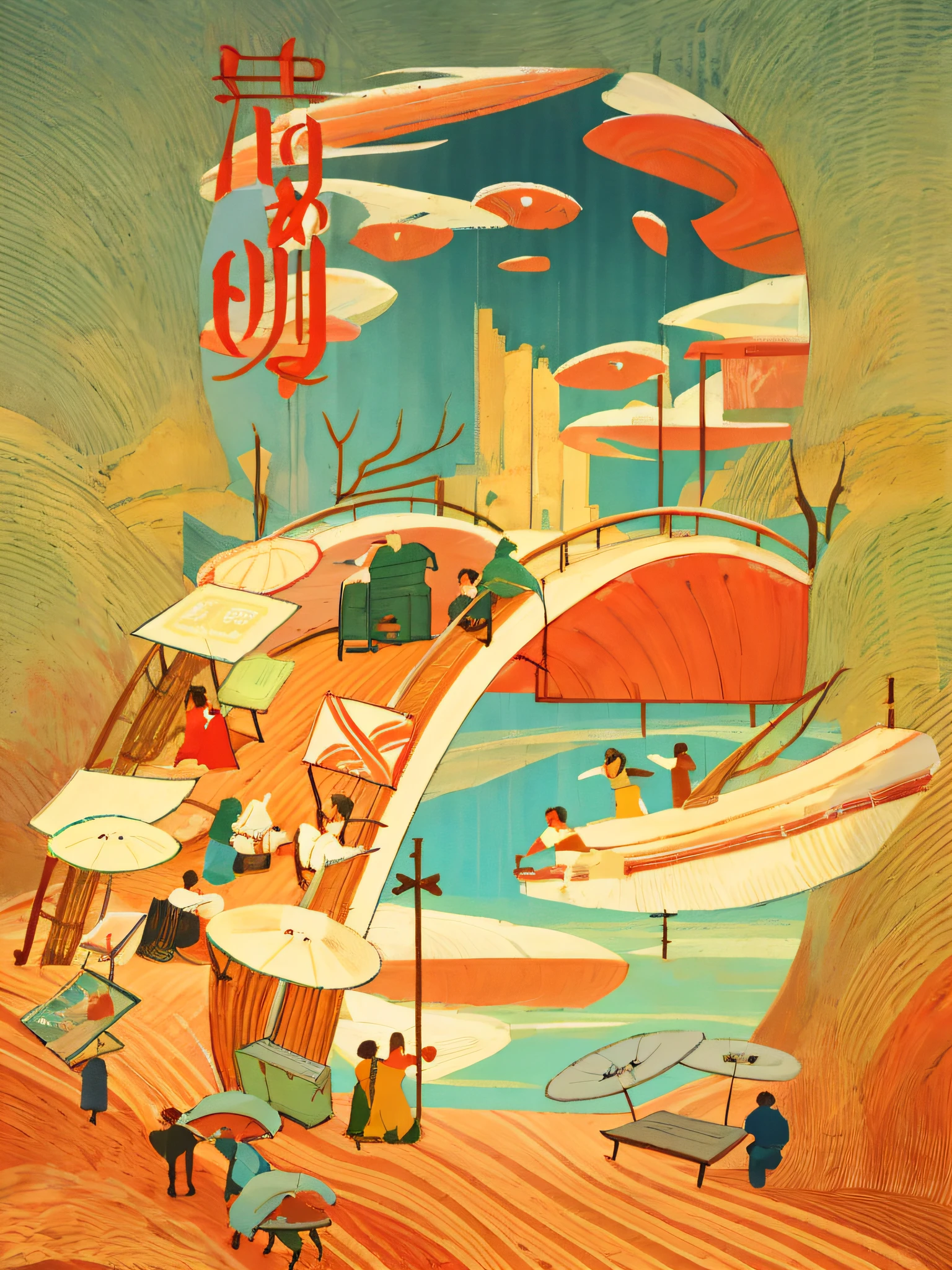 There is a poster，There is a picture of the bridge and the people on it, Poster illustration, A beautiful artwork illustration, illustrated poster, painted illustration poster, Oriental inspired poster, Detailed 2D illustration, Poster design, Digital illustration poster, dreamy Chinese towns, poster for ; Summer, vibrant tourism poster, Colorful illustration, landscape artwork, 2d matte illustration, lo-fi illustration style