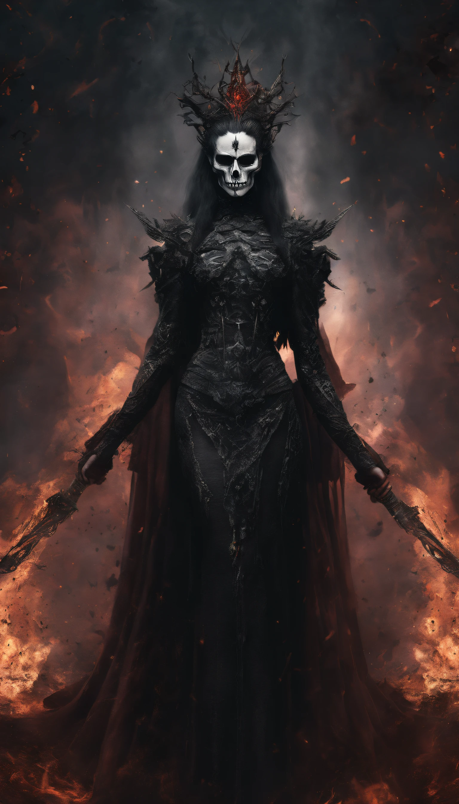 Hela, goddess of death, Norse mythology, Scarlet Witch with a crown of several blades on her head, Skeleton necklace, Wearing a dress made of skull and blade, Guvez style art, Ross Tran 8 K, Beautiful queen fantasy, 8k high-quality detailed art, Highly Detailed 4K Digital Art, Portrait of the Dark Queen, Wield multiple sharp swords, Background of ashes and fire, Small dots of hot embers in the background, Dress consisting of a skull and a blade,