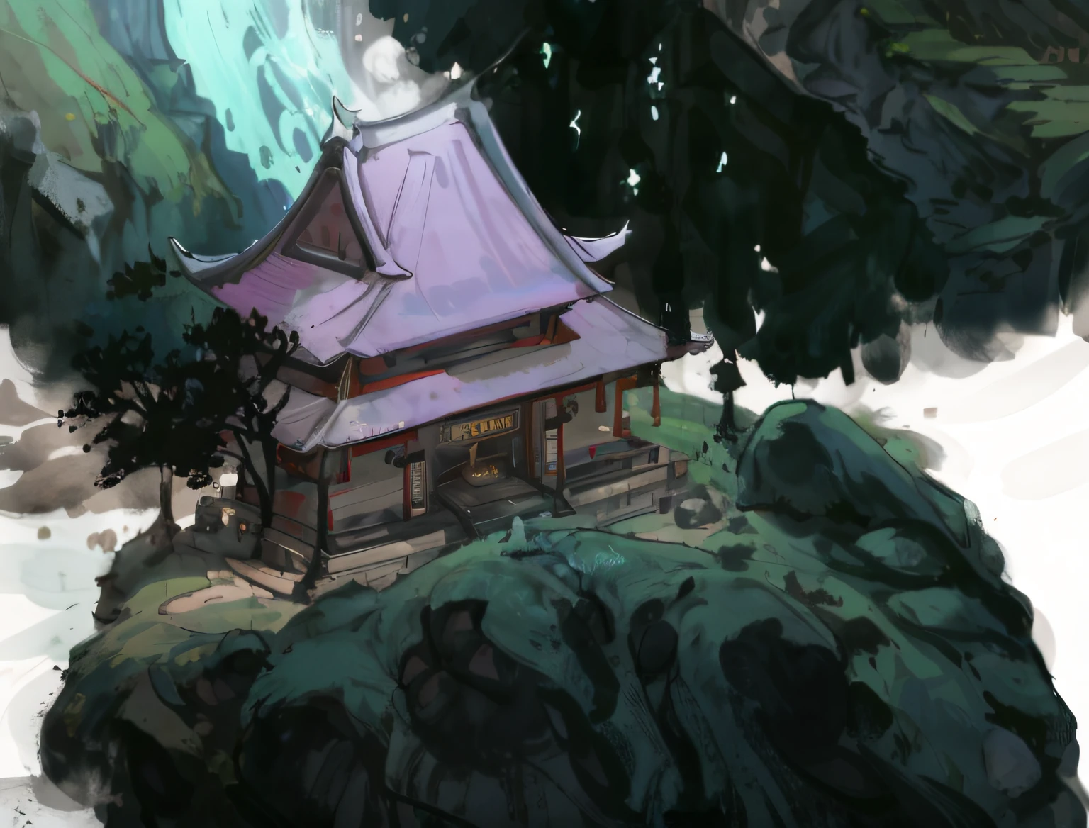 There is a cartoon picture of a small house on the hill, digital painting of a pagoda, mysterious temple setting, painted as a game concept art, background depicting a temple, Temple background, dojo on a mountain, a mystical temple, concept art for a video game, concept-art!, arte de fundo, inspired by Uragami Gyokudō, Anime landscape concept art