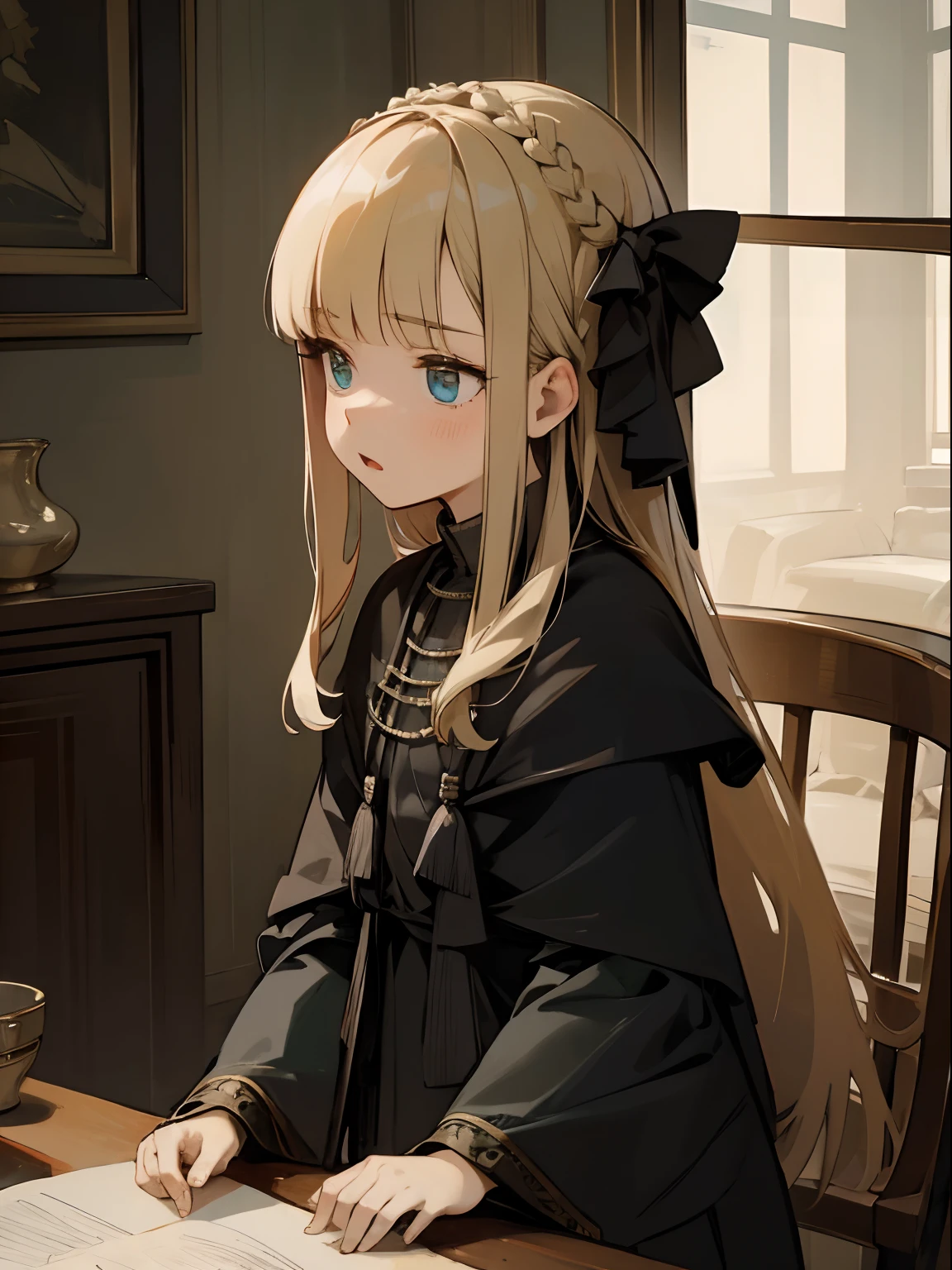 Reines, 1girl, high quality, best quality, illustration, masterpiece, (highly detailed:1.2), (extremely detailed:1.3), , braid, petite, in a house