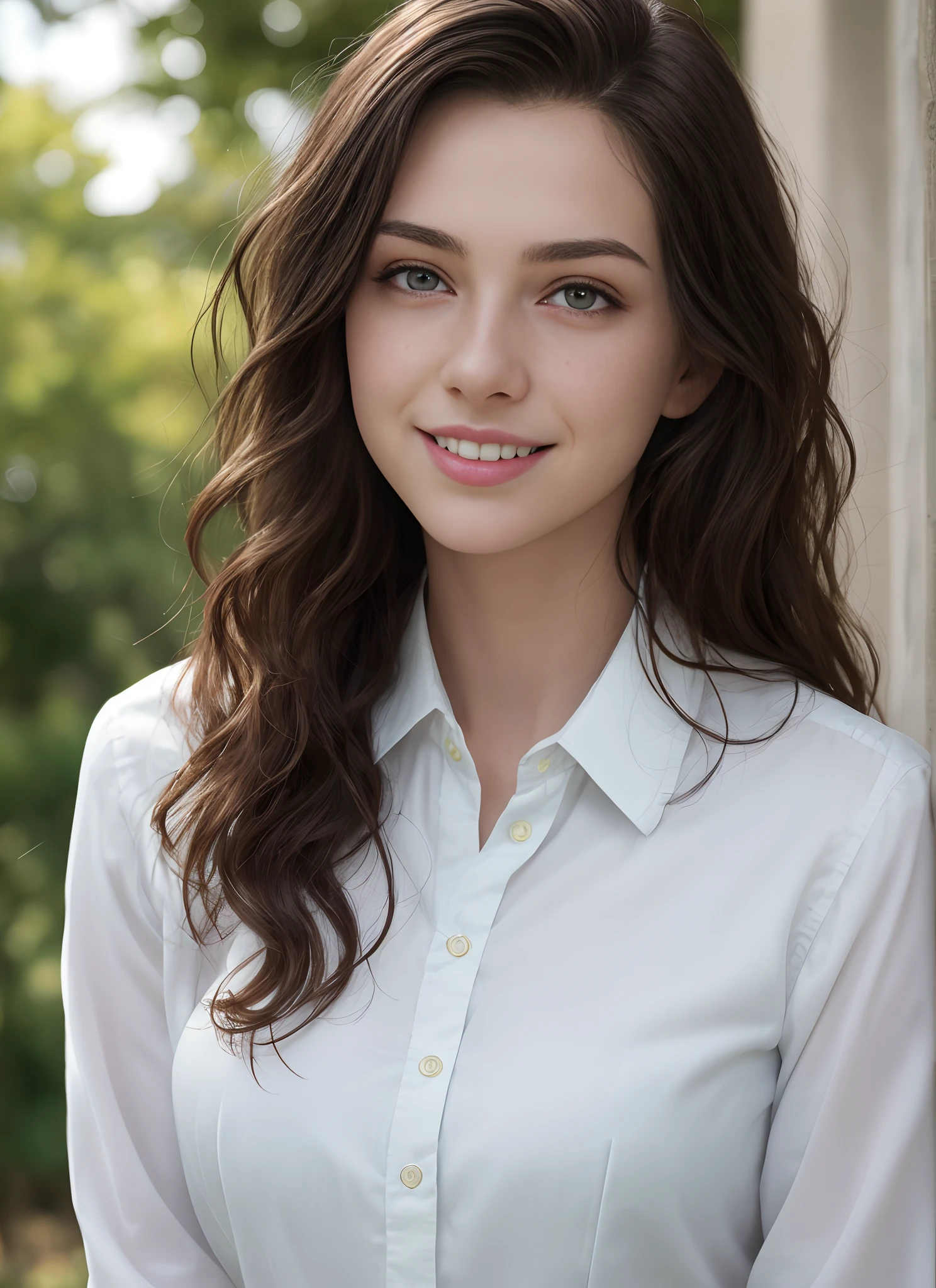masterpiece, realistic, detailed eyes, beautiful, looking at the viewer, natural lighting, depth of field, film grain, wrinkled skin, 24yo, female, solo, wavy long black hair, green yellow eyes, white, formal blue shirt, freckles, smile, lips, upper body, Portrait, Close-up, Front view, Exterior