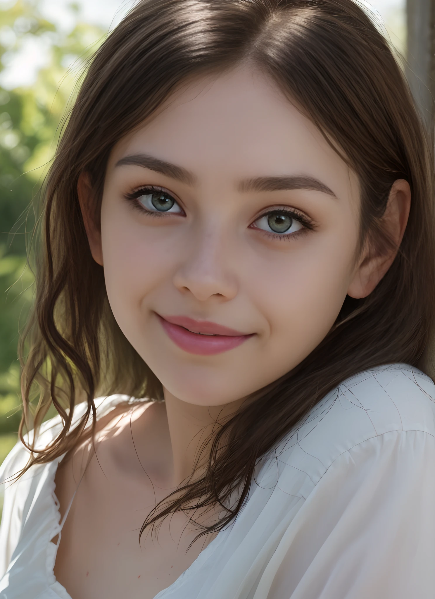 masterpiece, realistic, detailed eyes, beautiful, looking at the viewer, natural lighting, depth of field, film grain, wrinkled skin, 24yo, female, solo, wavy long black hair, green yellow eyes, white, formal blue shirt, freckles, smile, lips, upper body, Portrait, Close-up, Front view, Exterior