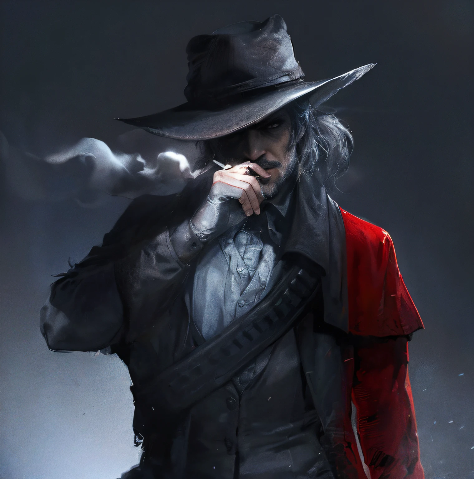 There's a man in a hat smoking a cigarette, portrait of a bloodborne hunter, estilo bloodborne, Arte Sangrenta, Alucard, Tiroteio, Arte conceitual de Bloodborne, Jessé McCree, arte conceitual. smoke billowing, arte de personagem impressionante, por Yang J, Guilherme H. Pongiluppi, as a solomon kane, Man with mustache and black hat, Vaquero mexicano, Bigode mexicano, retrato de alto detalhe, retrato do cowboy, pintura digital ultra realista, retrato detalhado, retrato ultra detalhado, arte digital altamente realista, retrato altamente detalhado, guerreiro mexicano, pintura digital fotorrealista, pintura digital realista, retrato de personagem de closeup, retrato. High detail, foto retrato de alto detalhe