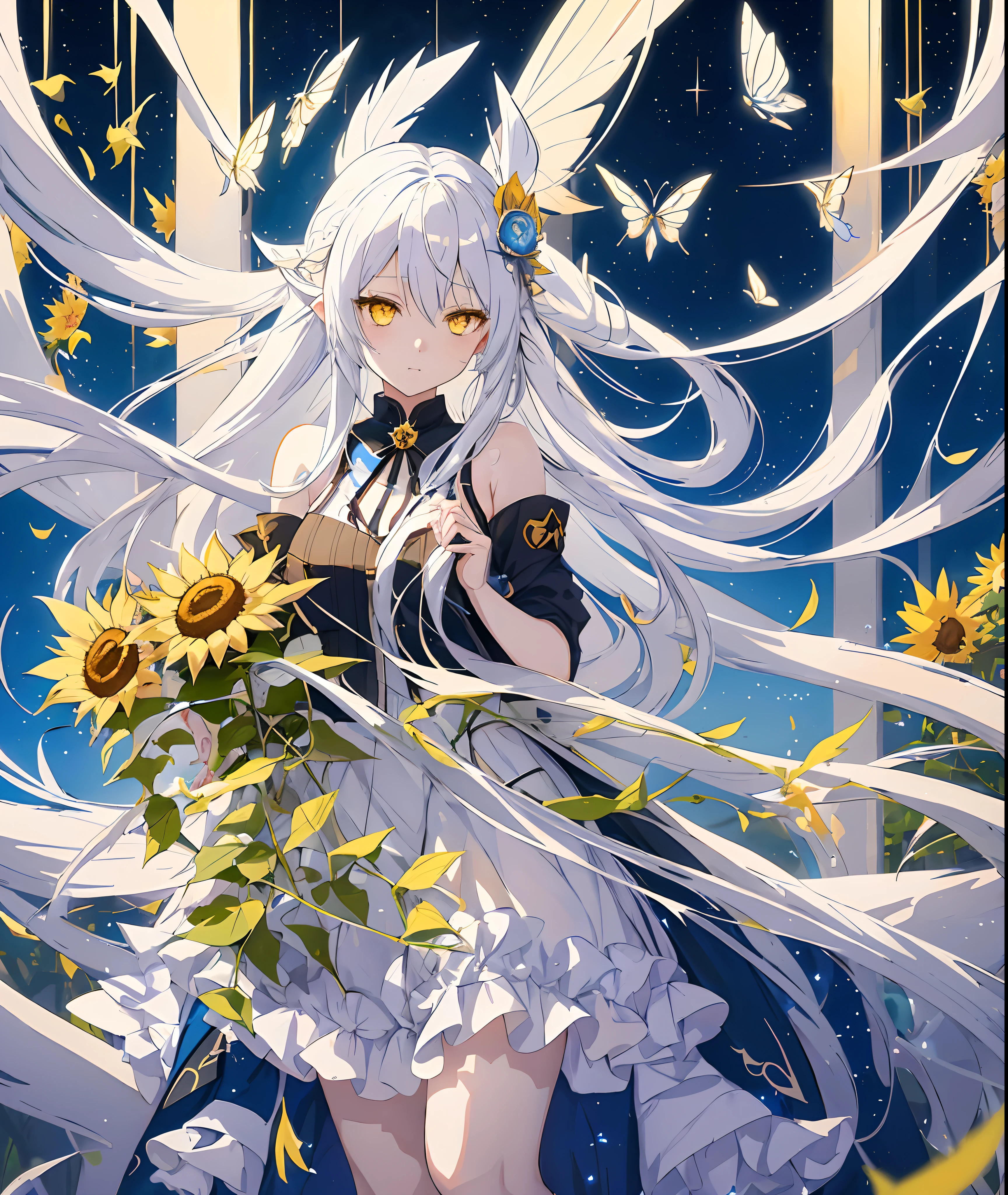 Anime girl with long white hair and yellow eyes on index finger with blue butterflies on it.., Anime drawings by Shitao, pixiv, Neo Romance, White-haired fairy, anime visual of a cute girl, anime moe artstyle, Beautiful Sunflower Anime Girl, anime goddess, by Girls Frontline, Flower Queen, Cute anime waifu in nice series,I covered my ears.