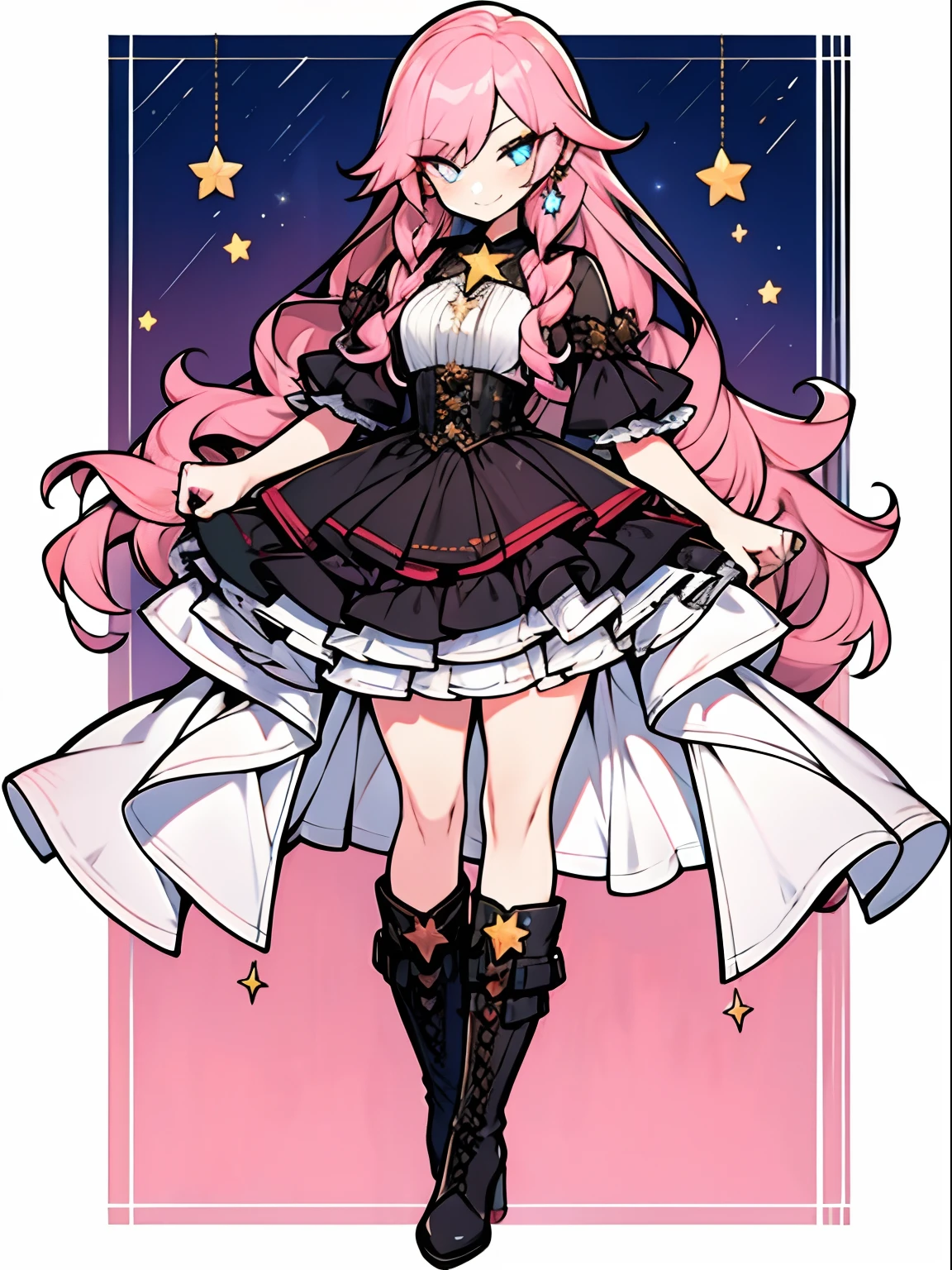 character sheet, Highly detailed and realistic CG, Colorful, Masterpiece, Best Quality, jewel-like eyes, 1girl, solo, pink hair, shiny hair, very long hair, slender, skinny legs, black frilled dress, layered skirt, luxury boots, amber eyes, star-shaped pupils, smirk, standing, contrapposto, tsurime,