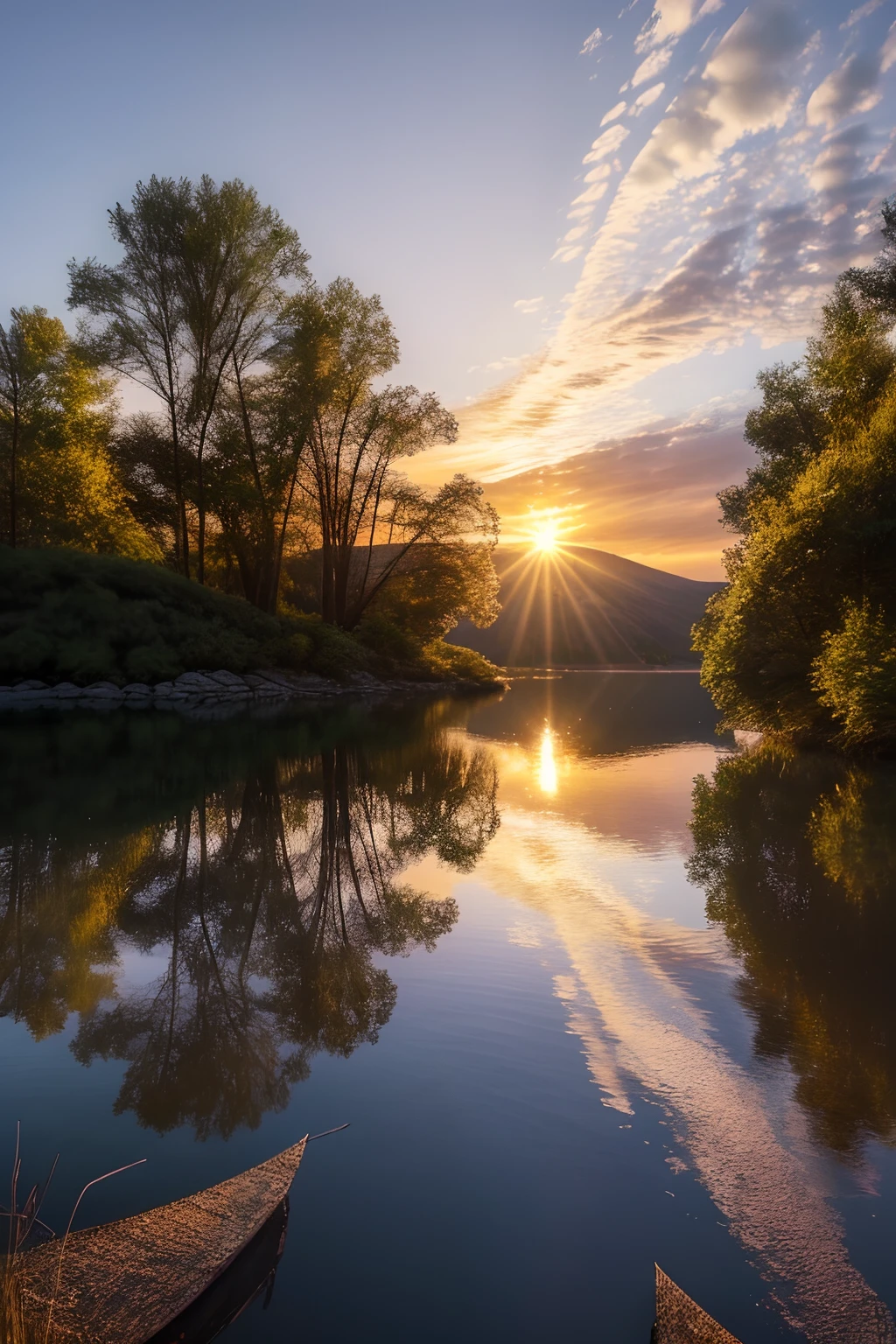 Highly detailed landscape, the most beautiful sunrise, view from a boat, clear photography, photorealistic, soft pastel colours, highly detailed, intricate, path tracing, illustration, insanely detailed, shadow mapping volumetric light, specular lighting