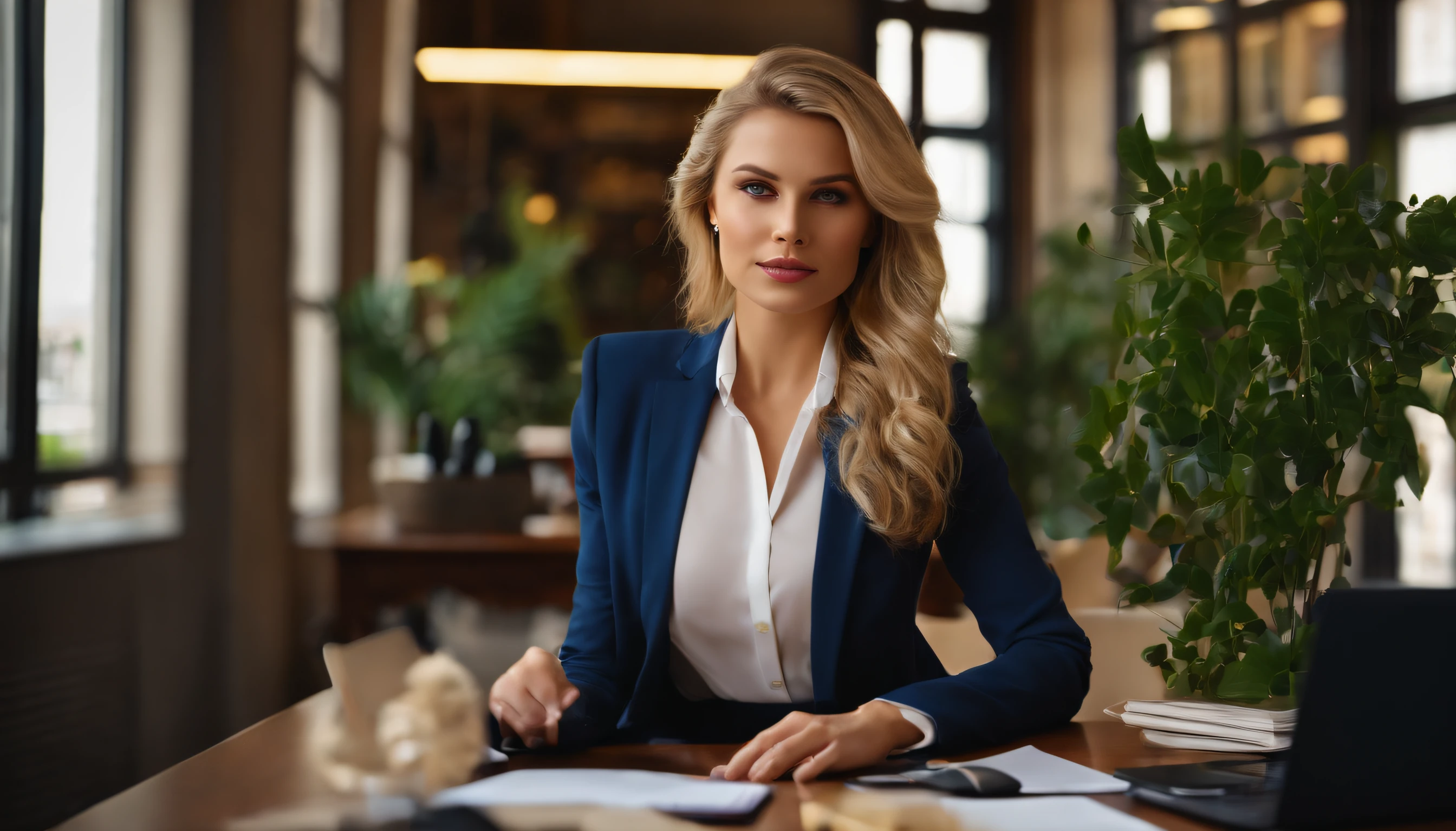 professional, (4k photo:1.1), (Dittmann Anna:0.3), (Arian Mark:0.3), (Sharp focus:1.3), high detail, wearing trendy business clothes, beautiful detailed face, hazel eyes, long blonde hair, body shape, office with desk, with windows ahowing diagonal avenue of Barcelona